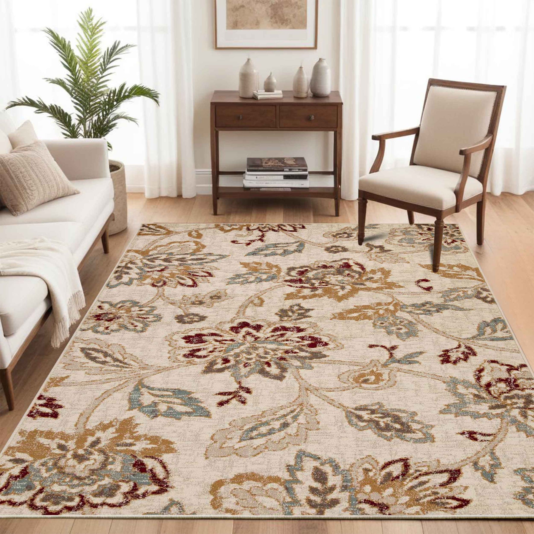 Jacobean Floral Modern Farmhouse Indoor Area Rug or Runner Rug