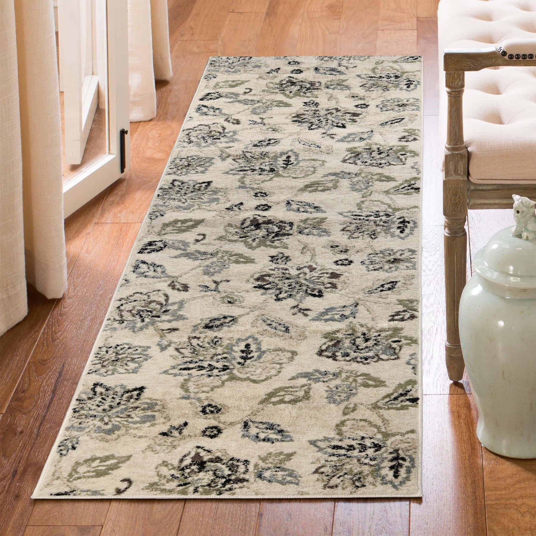 Jacobean Floral Modern Farmhouse Indoor Area Rug or Runner Rug