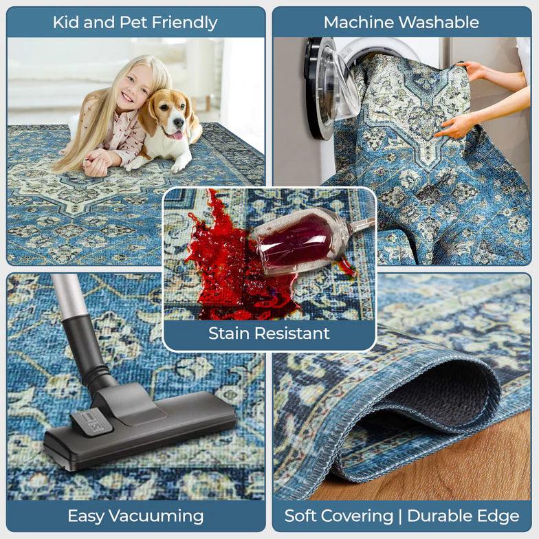 Jat Traditional Medallion Washable Indoor Area Rug or Runner Rug