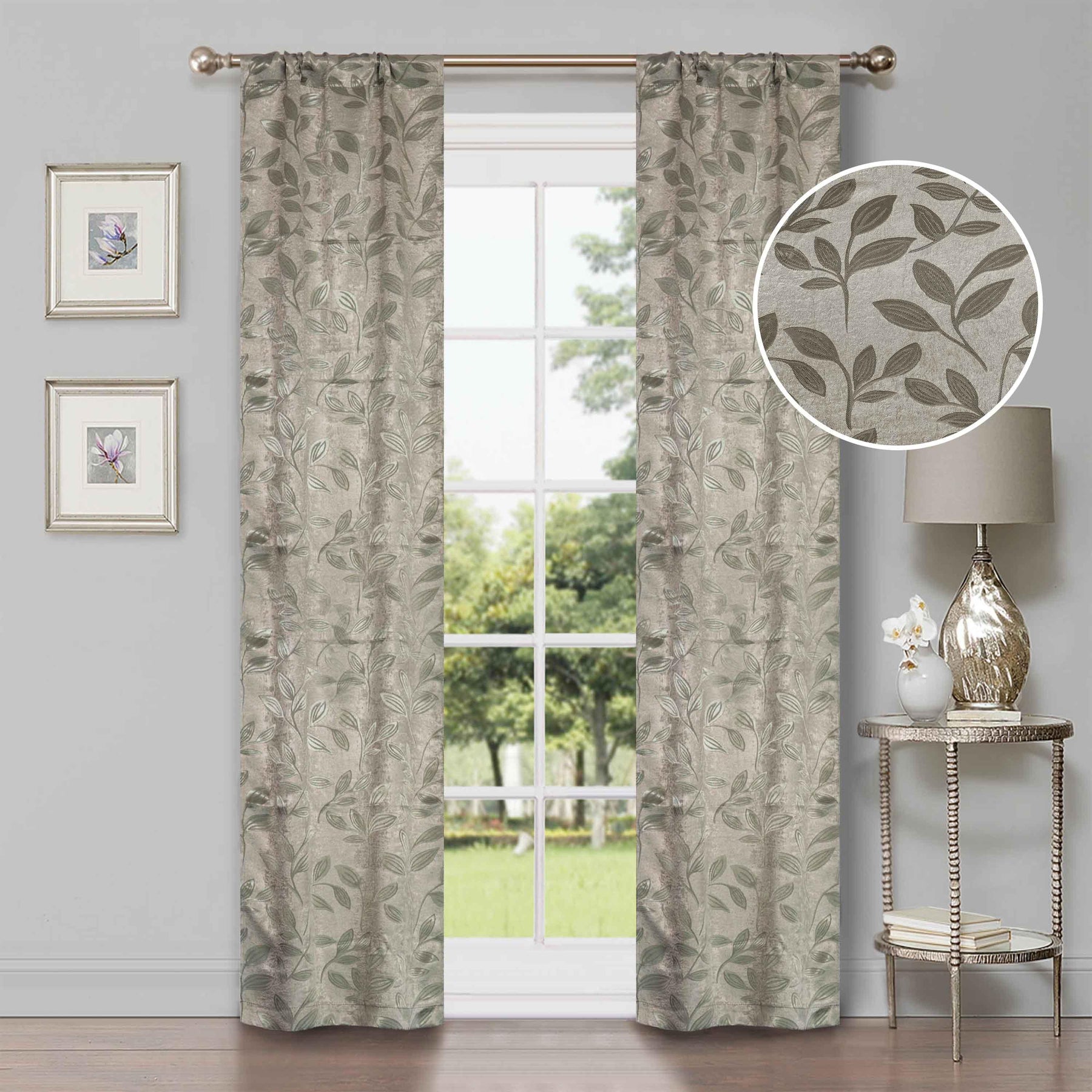 Leaves Machine Washable Room Darkening Blackout Curtains, Set of 2