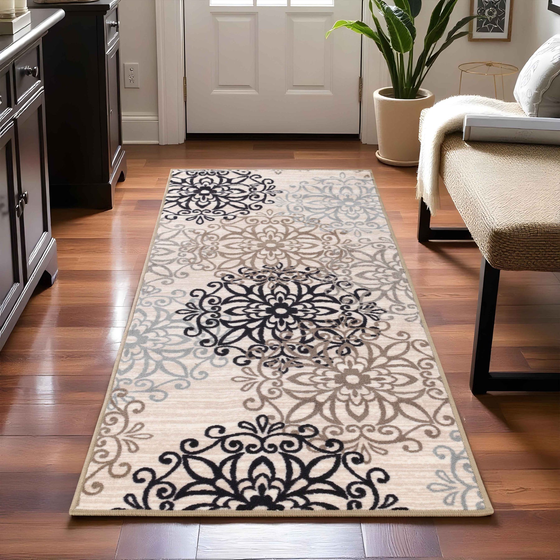 Leigh Non-Slip Modern Floral Medallion Indoor Washable Area Rug