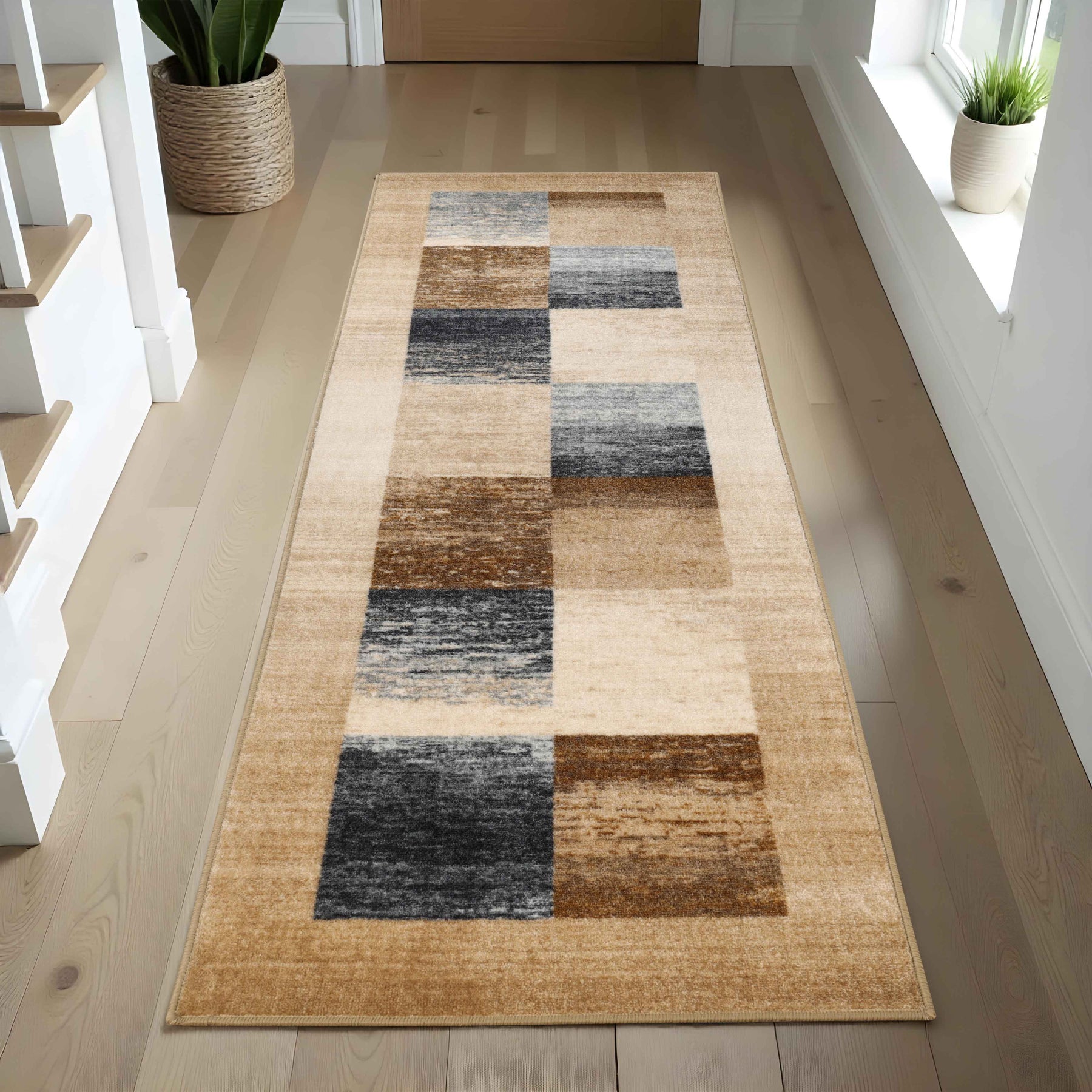 Lockwood Color Block Non-Slip Washable Indoor Area Rug or Runner