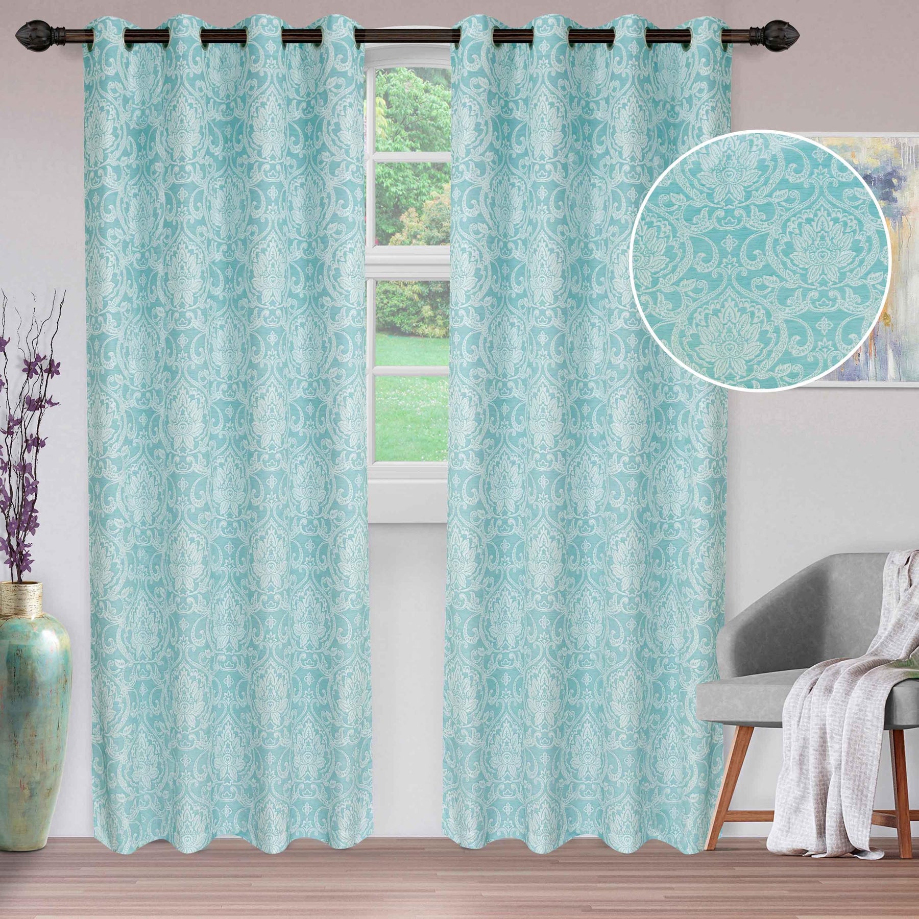 Lotus Jacquard Floral Damask Semi Sheer Curtain Panel Set