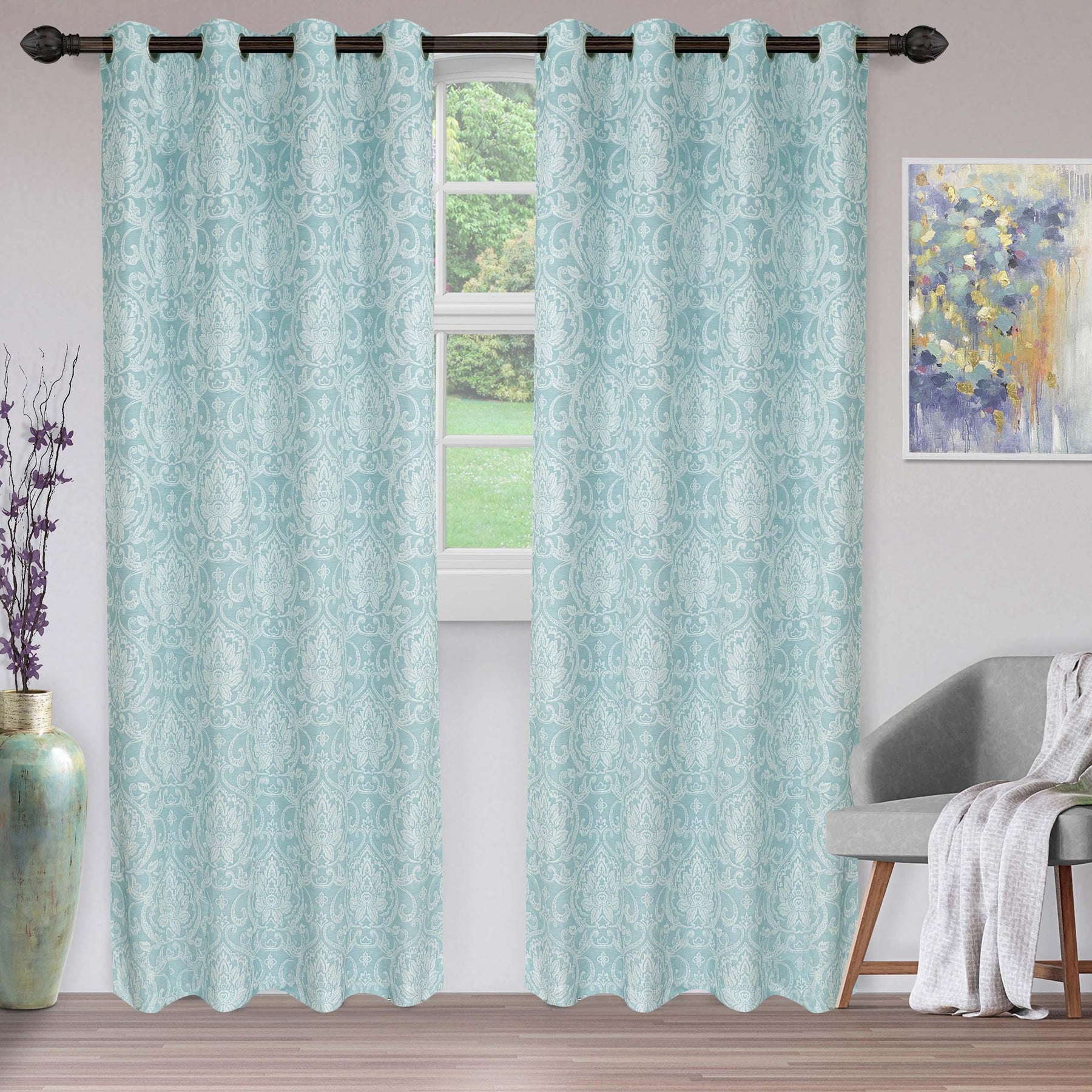 Lotus Jacquard Floral Damask Semi Sheer Curtain Panel Set