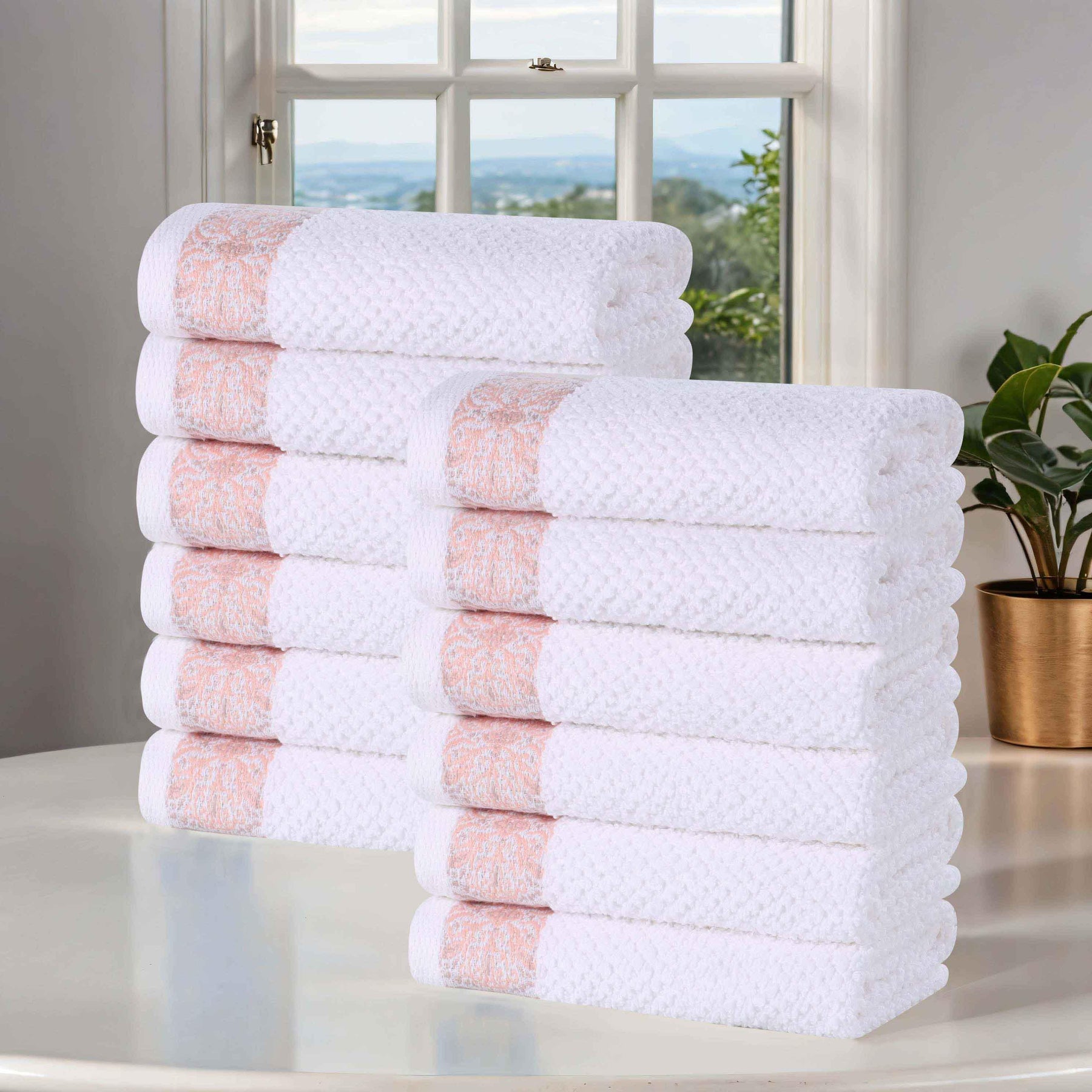 Medallion Cotton Jacquard Textured Face Towels/ Washcloths, Set of 12