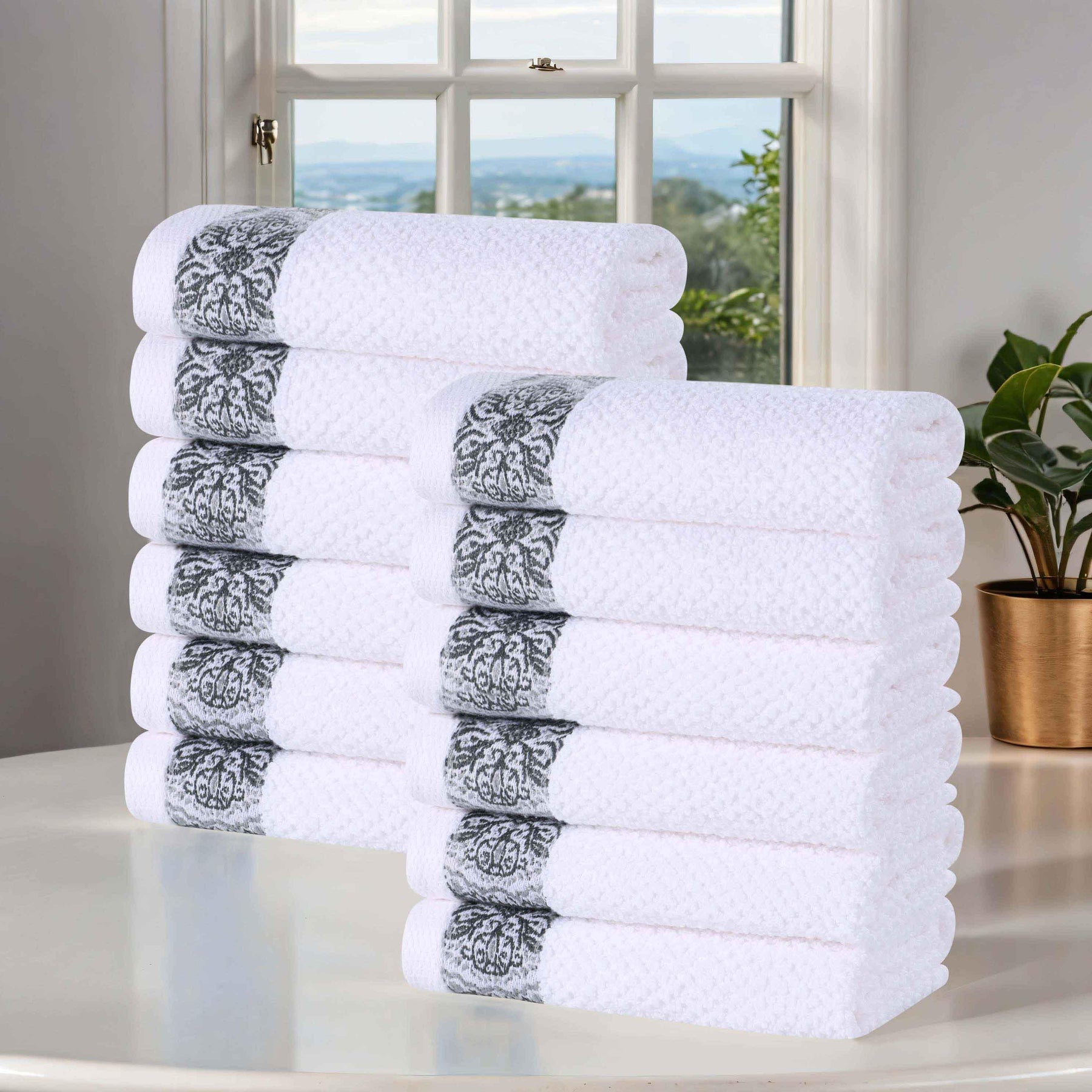 Medallion Cotton Jacquard Textured Face Towels/ Washcloths, Set of 12