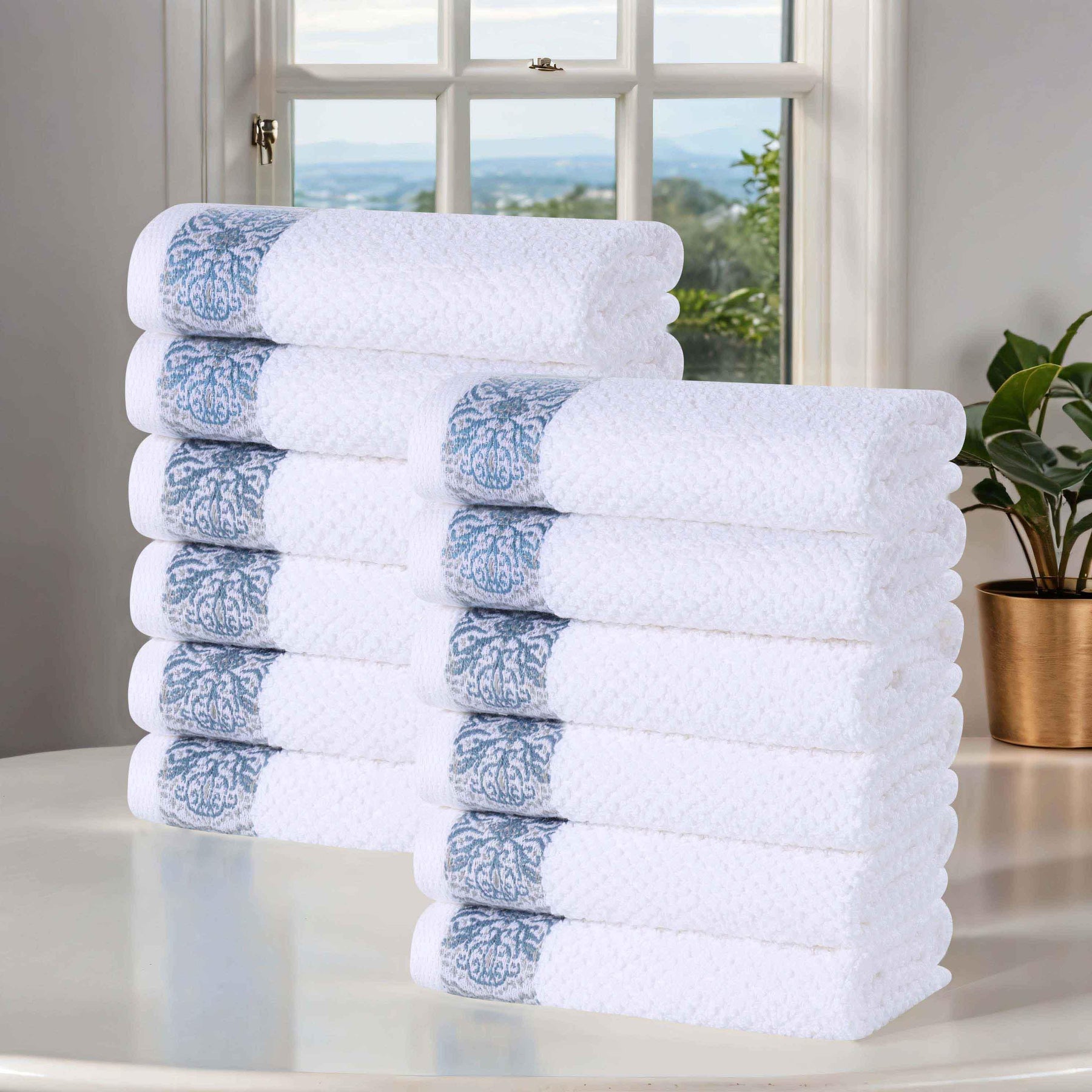 Medallion Cotton Jacquard Textured Face Towels/ Washcloths, Set of 12