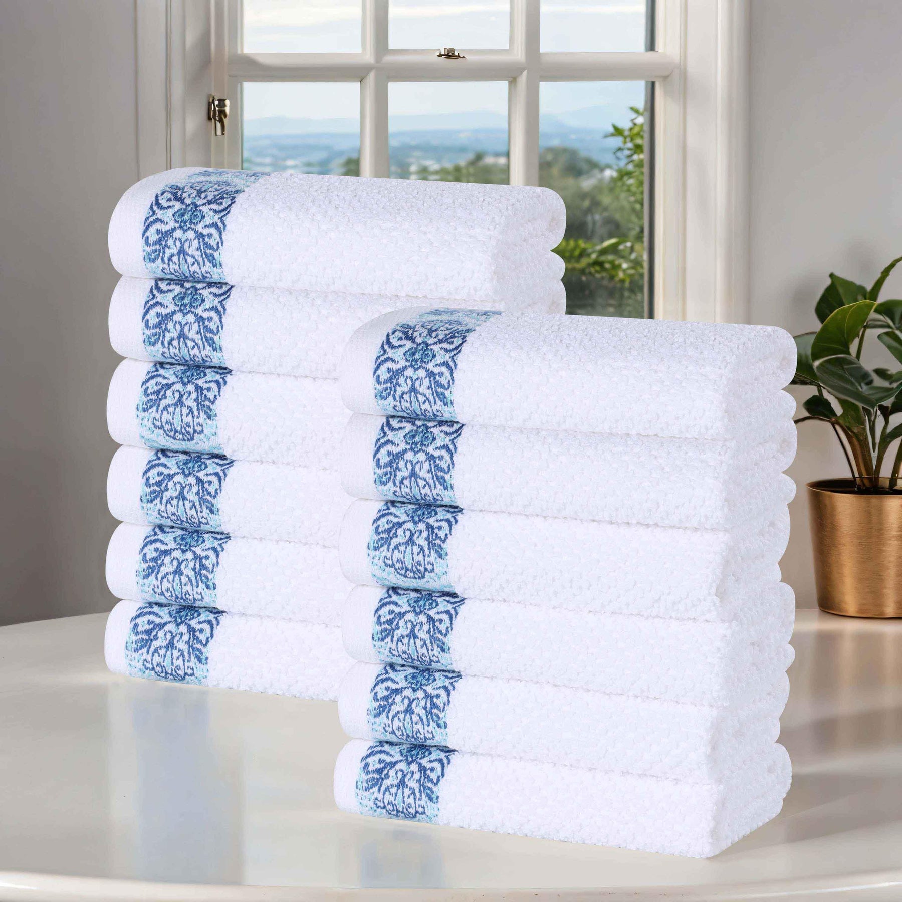 Medallion Cotton Jacquard Textured Face Towels/ Washcloths, Set of 12