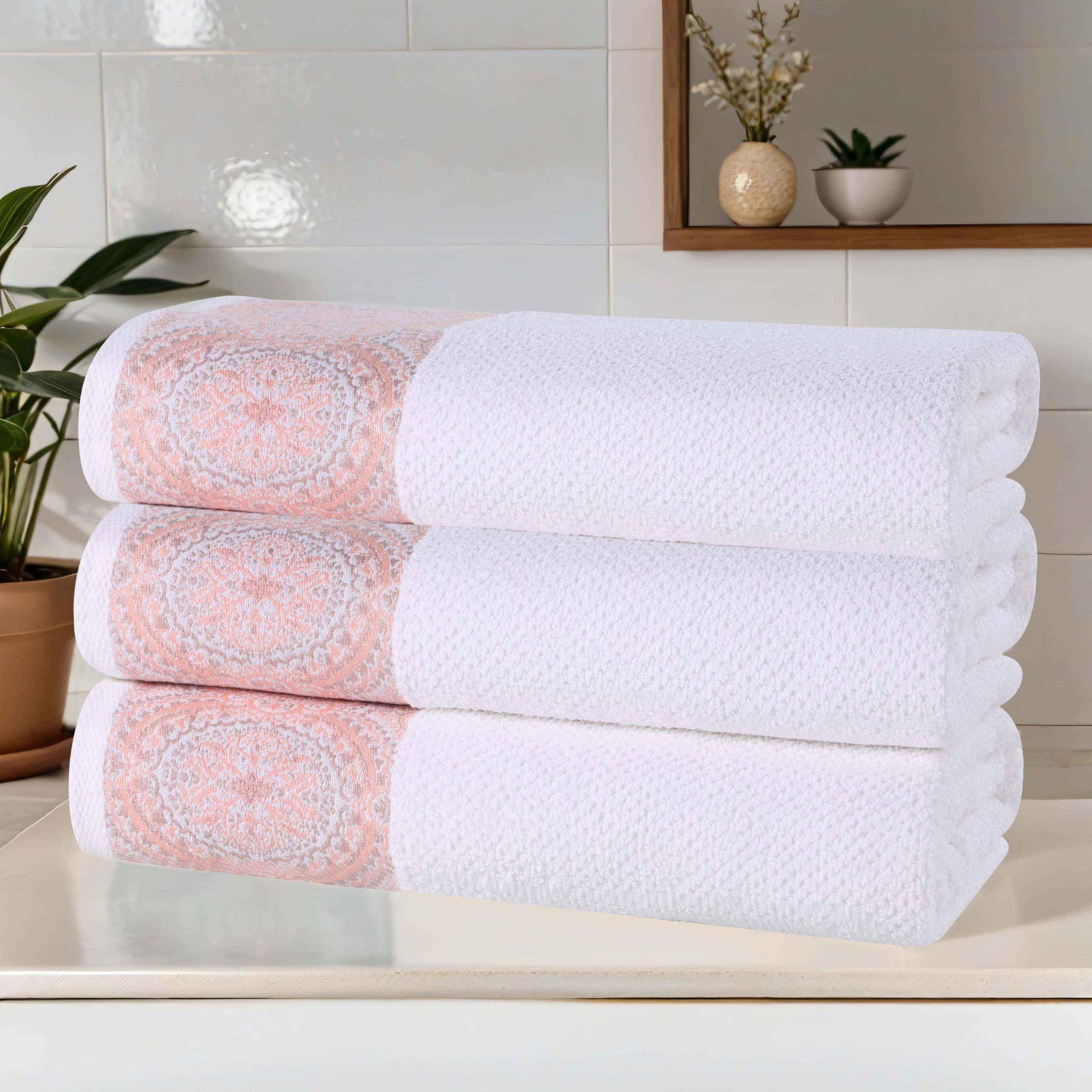 Medallion Cotton Jacquard Textured Soft Absorbent Bath Towel Set of 3