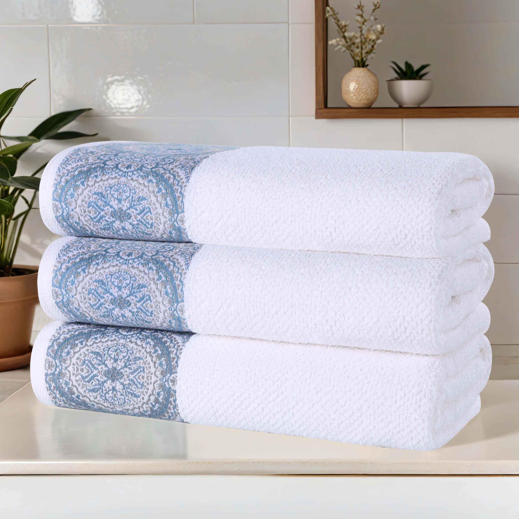 Medallion Cotton Jacquard Textured Soft Absorbent Bath Towel Set of 3