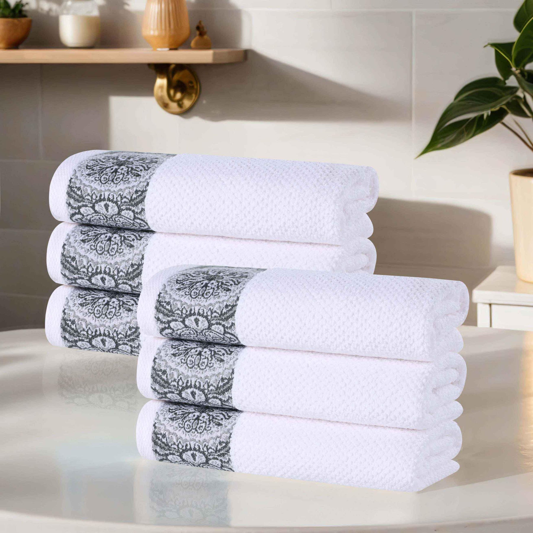 Medallion Cotton Jacquard Textured Soft Absorbent Hand Towel Set of 6