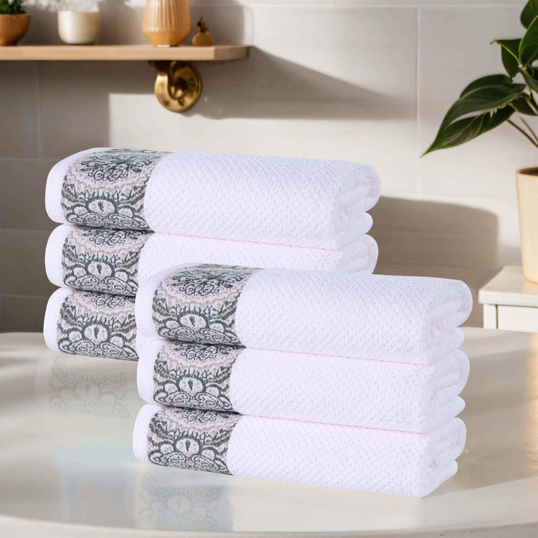 Medallion Cotton Jacquard Textured Soft Absorbent Hand Towel Set of 6
