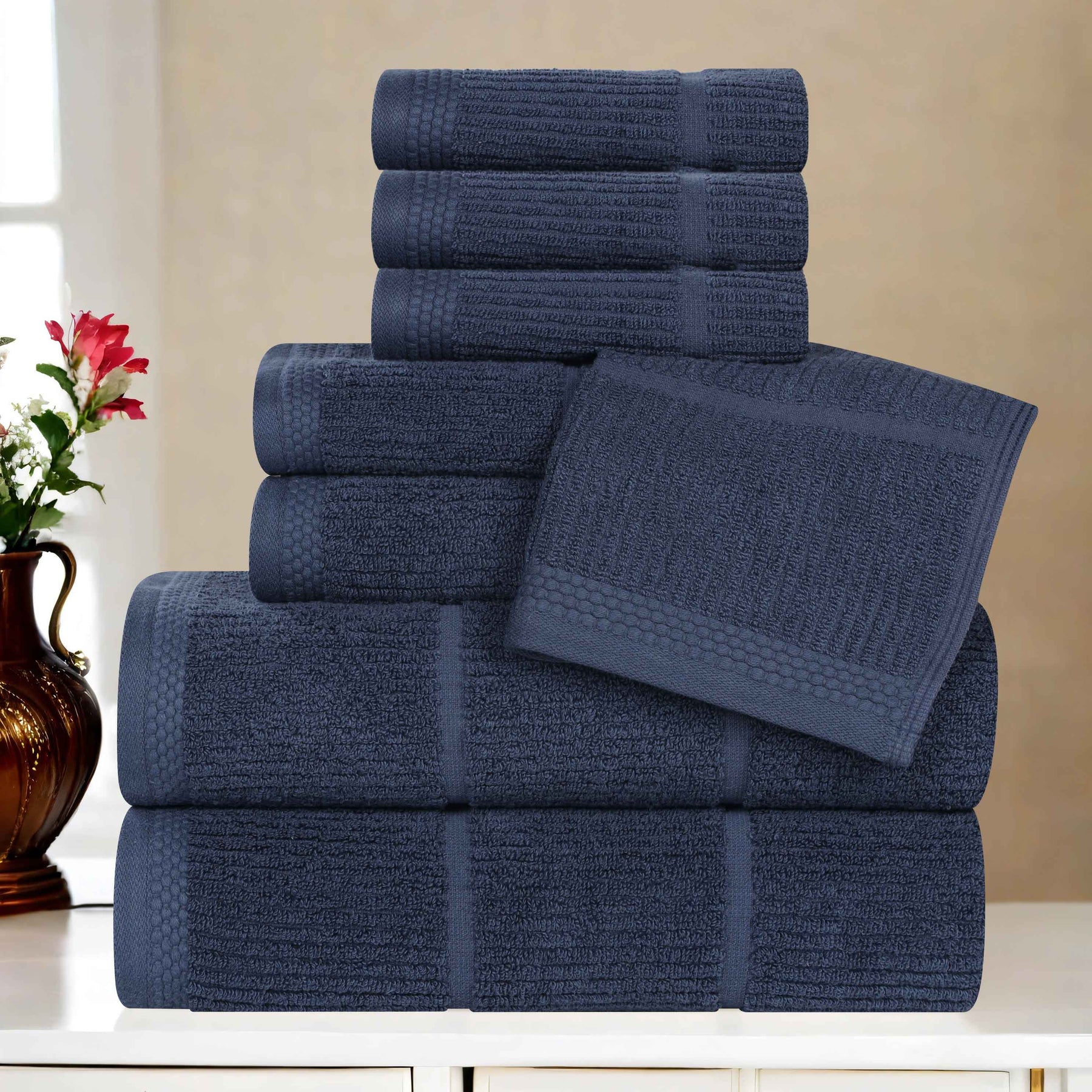 Milo Smart Twist Viscose Cotton Blend Solid Ribbed 8 Piece Towel Set