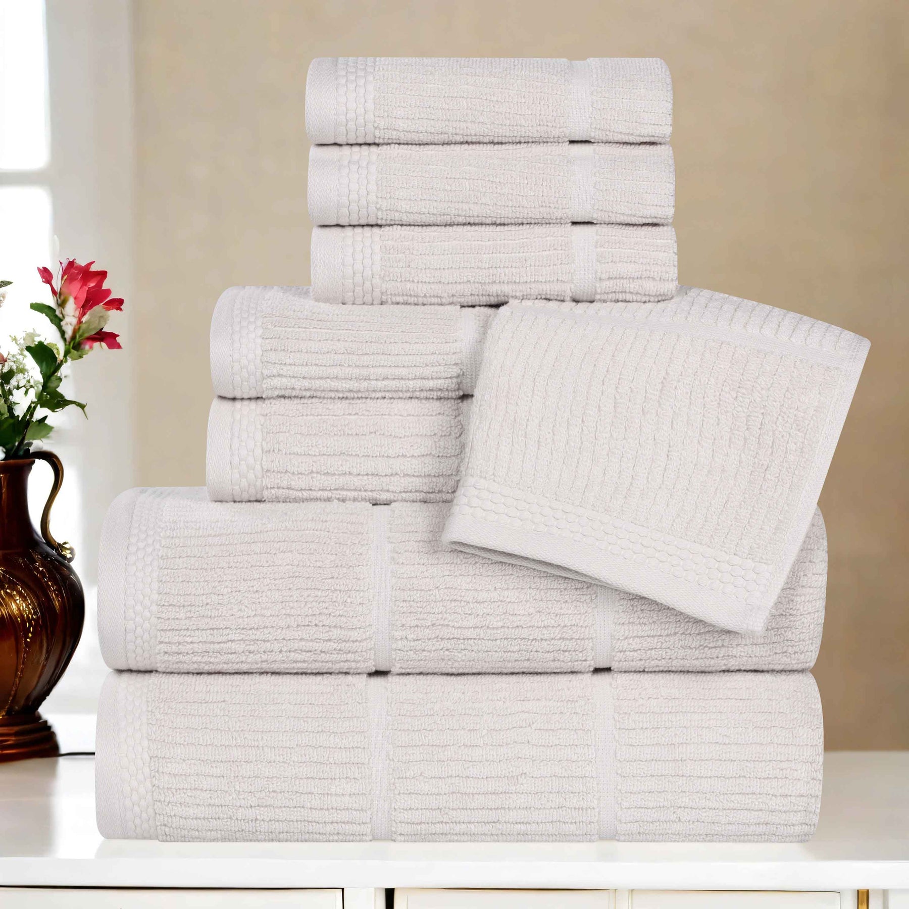 Milo Smart Twist Viscose Cotton Blend Solid Ribbed 8 Piece Towel Set