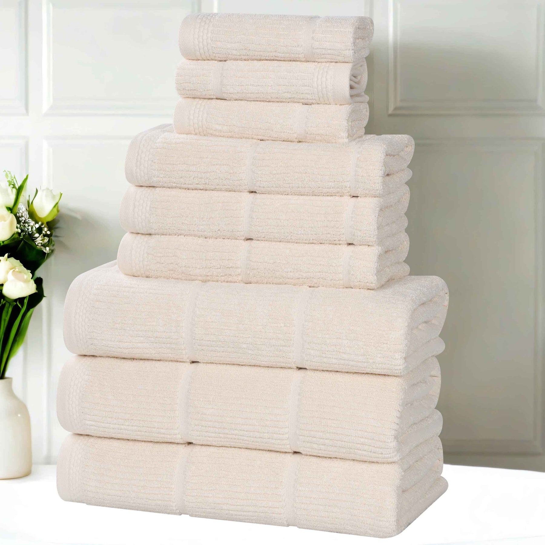 Milo Smart Twist Viscose Cotton Blend Solid Ribbed 9 Piece Towel Set