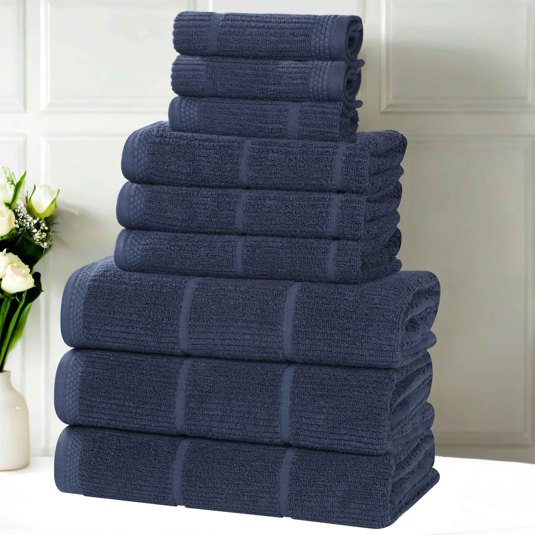Milo Smart Twist Viscose Cotton Blend Solid Ribbed 9 Piece Towel Set