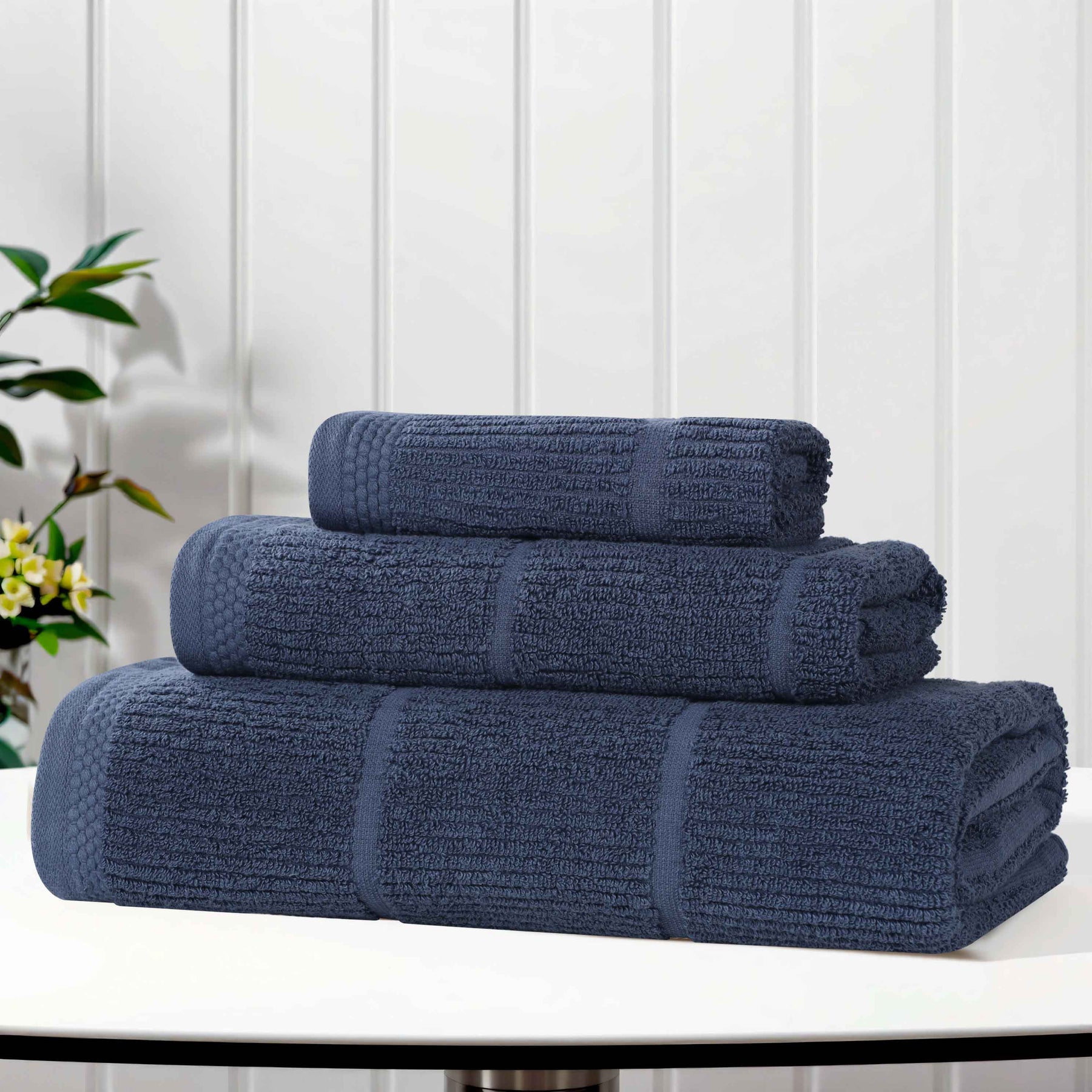 Milo Smart Twist Viscose Cotton Blend Solid Ribbed 3 Piece Towel Set
