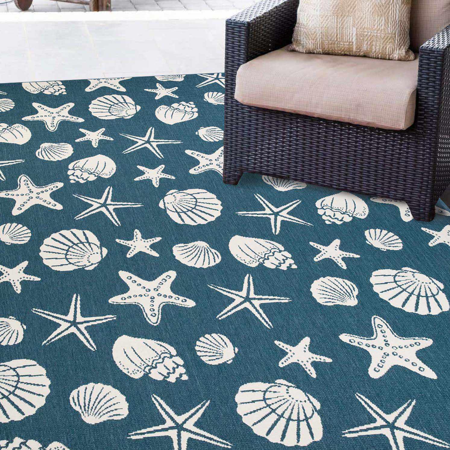 Nautical Seashells and Starfish Coastal Indoor Outdoor Area Rug