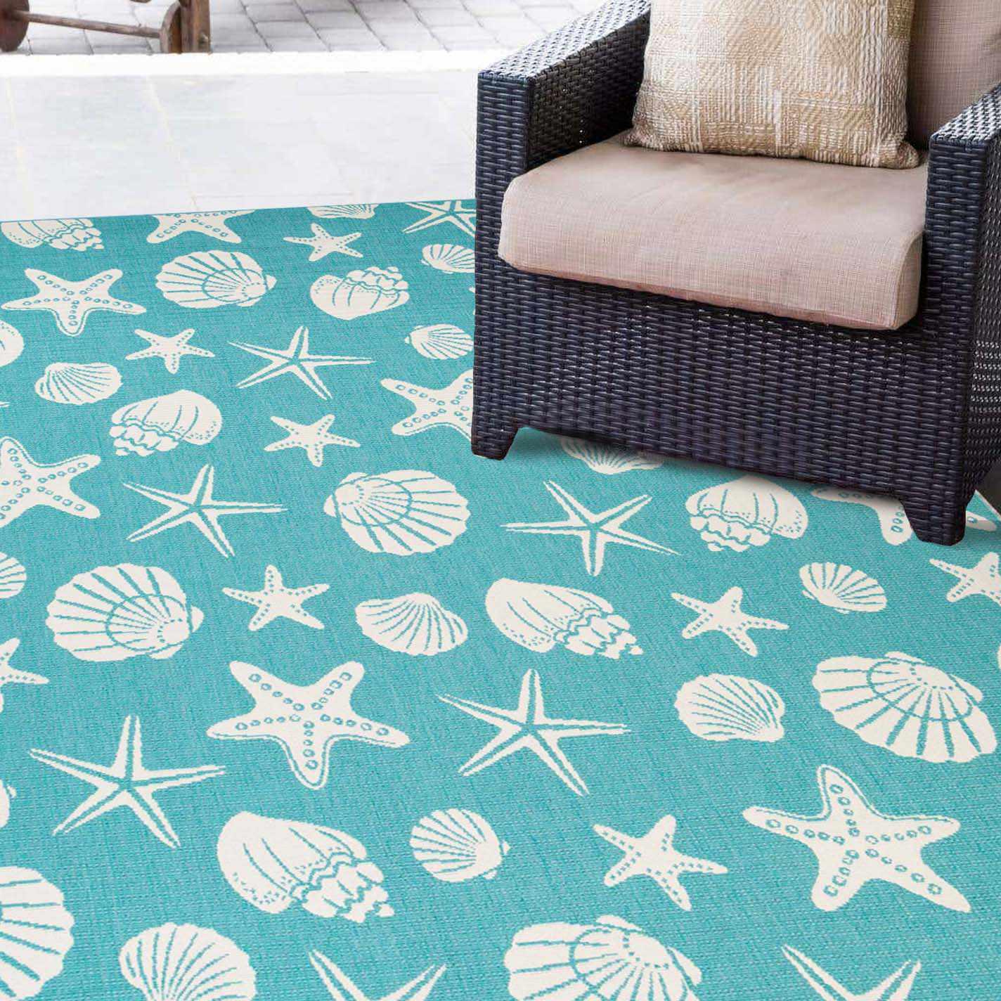 Nautical Seashells and Starfish Coastal Indoor Outdoor Area Rug