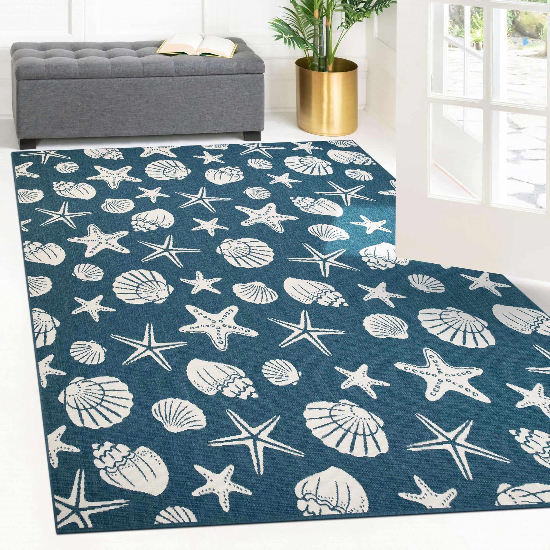 Nautical Seashells and Starfish Coastal Indoor Outdoor Area Rug