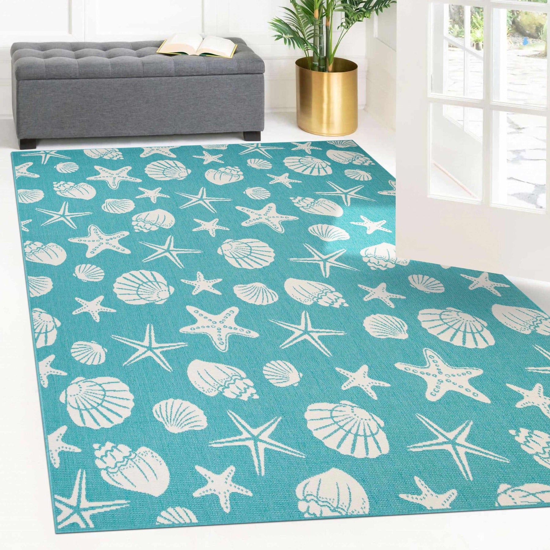 Nautical Seashells and Starfish Coastal Indoor Outdoor Area Rug