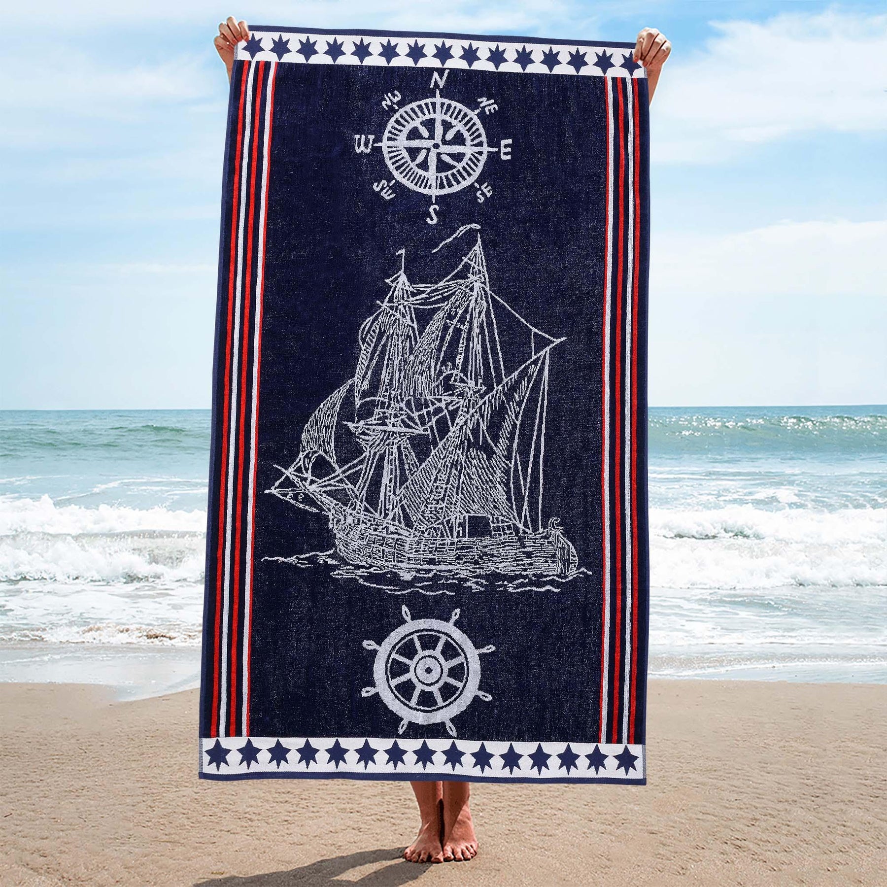 Navy Ship Oversized Cotton 2 Piece Beach Towel Set