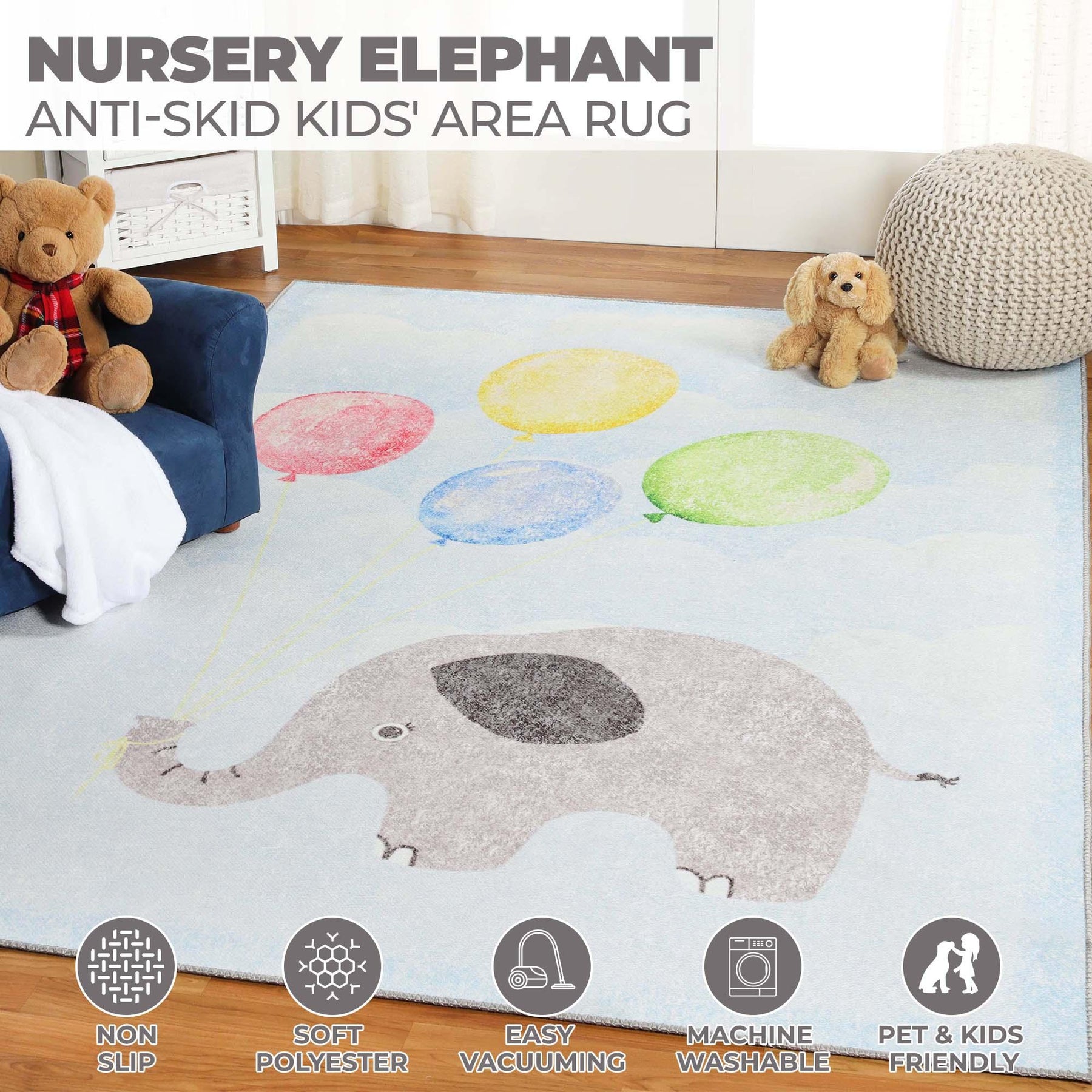 Nursery Elephant Anti-Skid Backing Indoor Area Rug