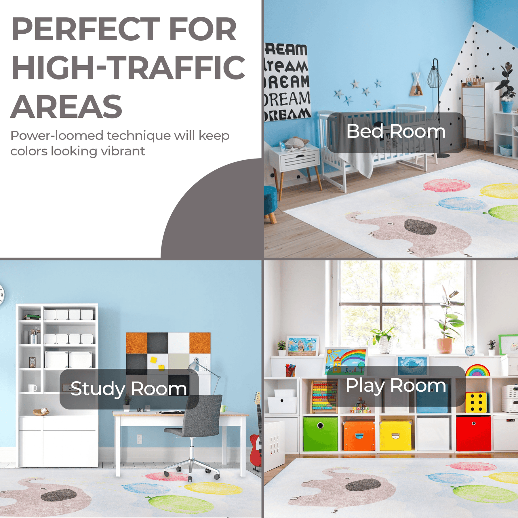 Nursery Elephant Anti-Skid Backing Indoor Area Rug