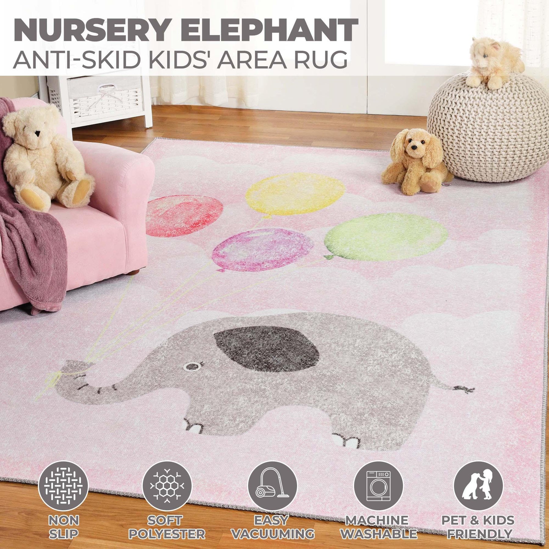 Nursery Elephant Anti-Skid Backing Indoor Area Rug