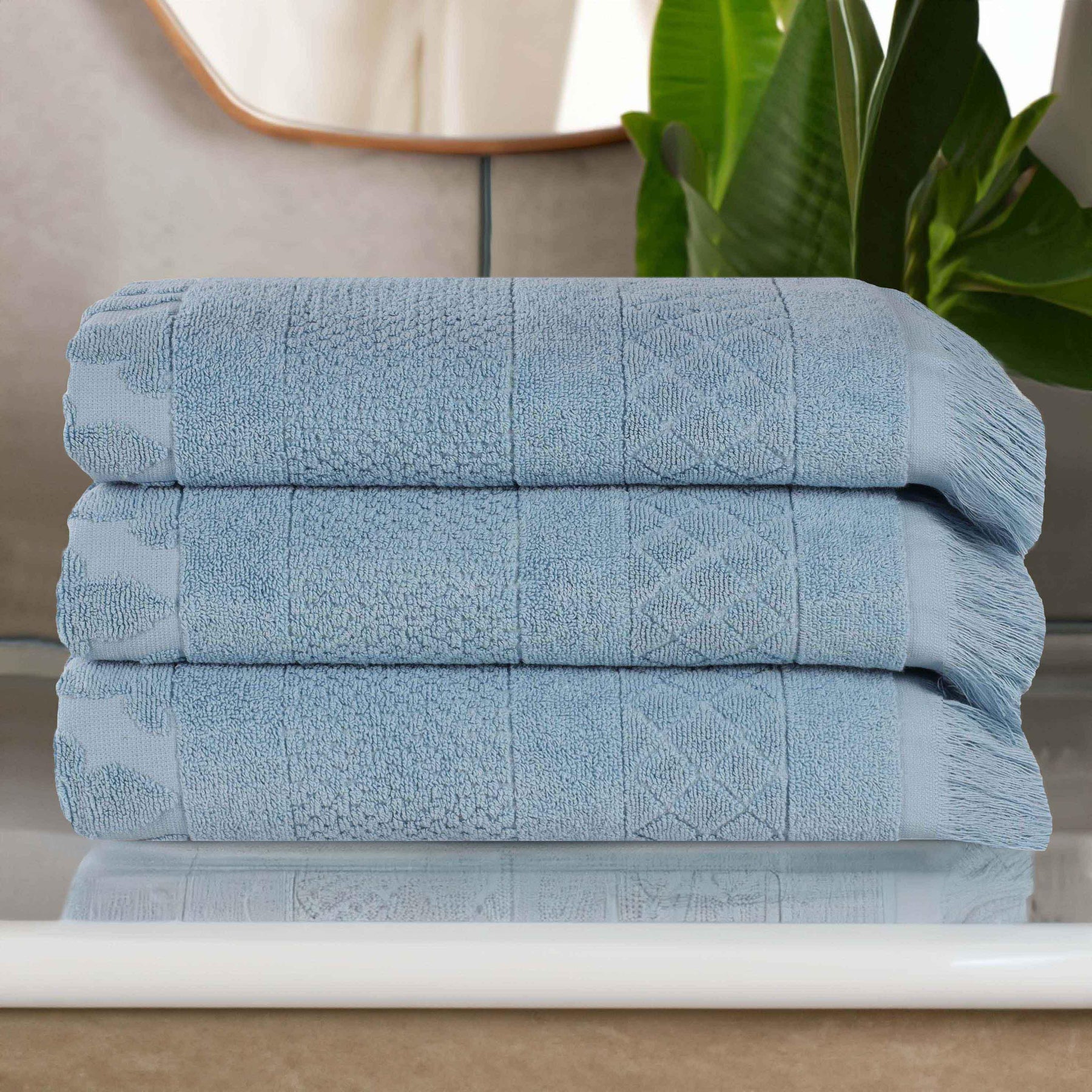 Rolla Cotton Geometric Jacquard Plush Absorbent Bath Towel Set of 3