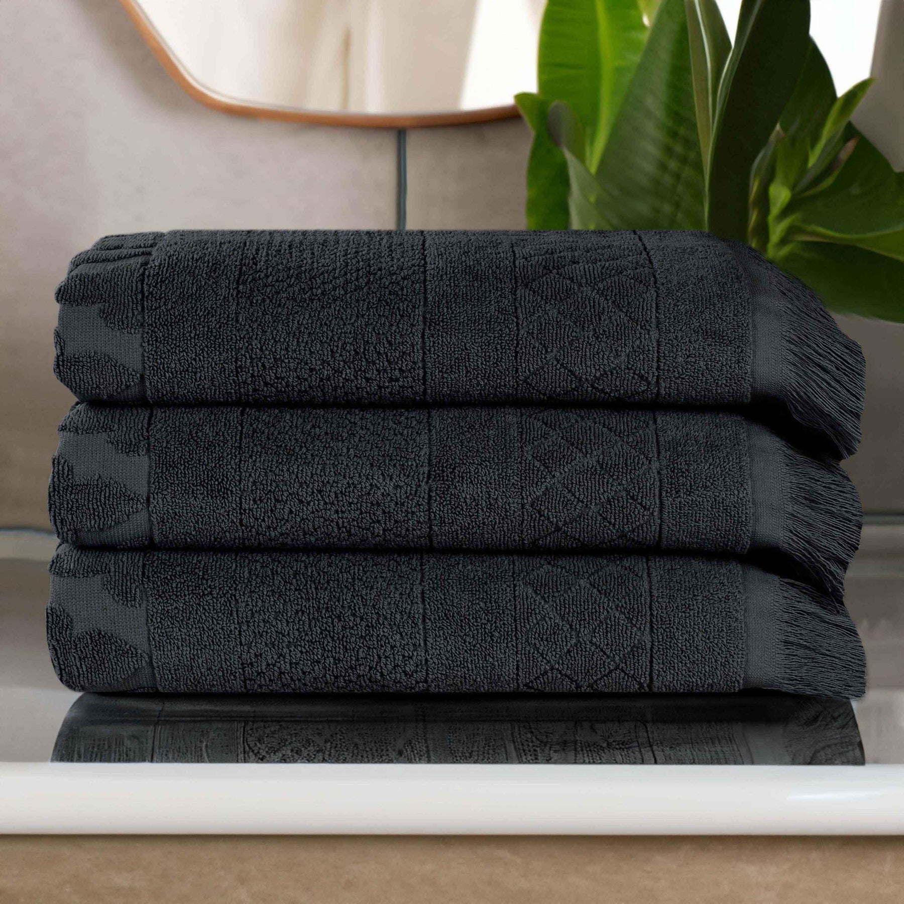 Rolla Cotton Geometric Jacquard Plush Absorbent Bath Towel Set of 3