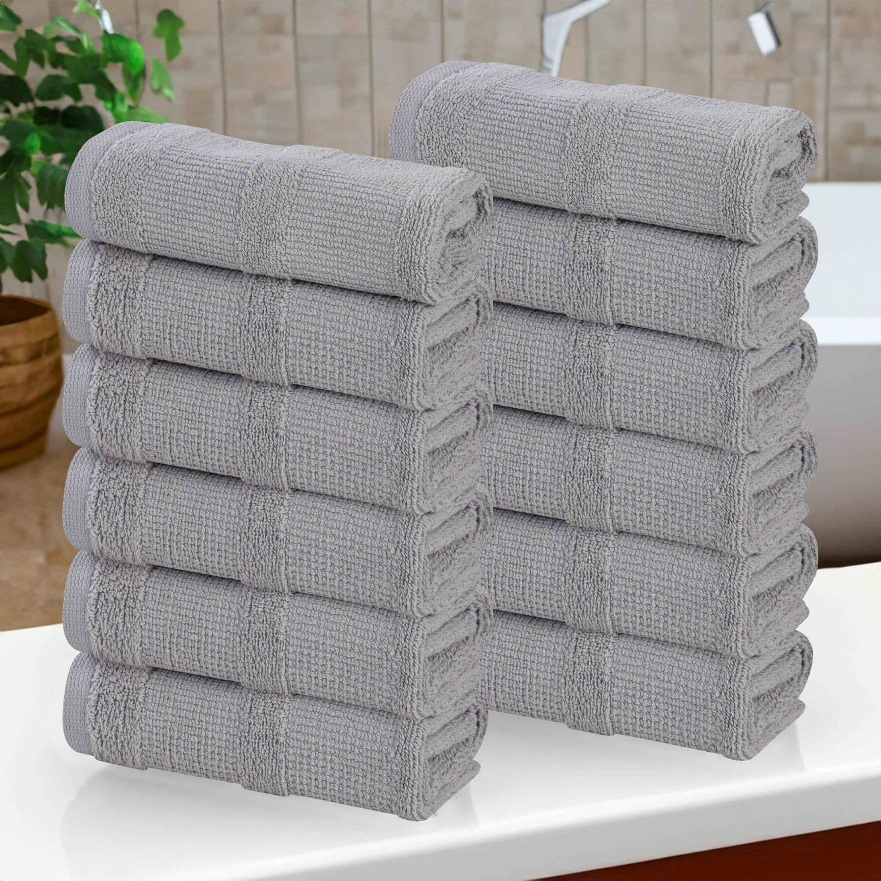 Roma Cotton Ribbed Textured Soft Face Towels/ Washcloths, Set of 12