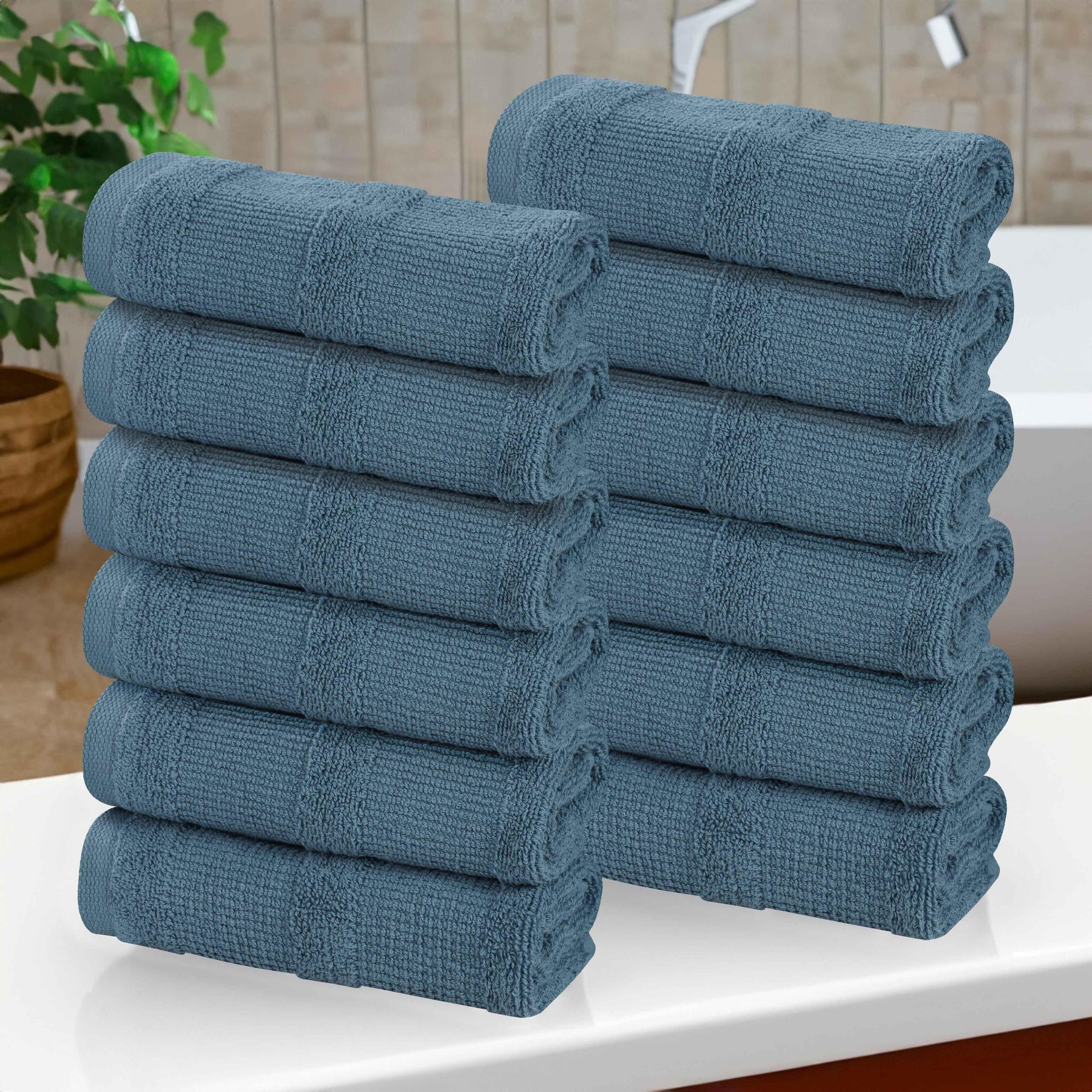 Roma Cotton Ribbed Textured Soft Face Towels/ Washcloths, Set of 12