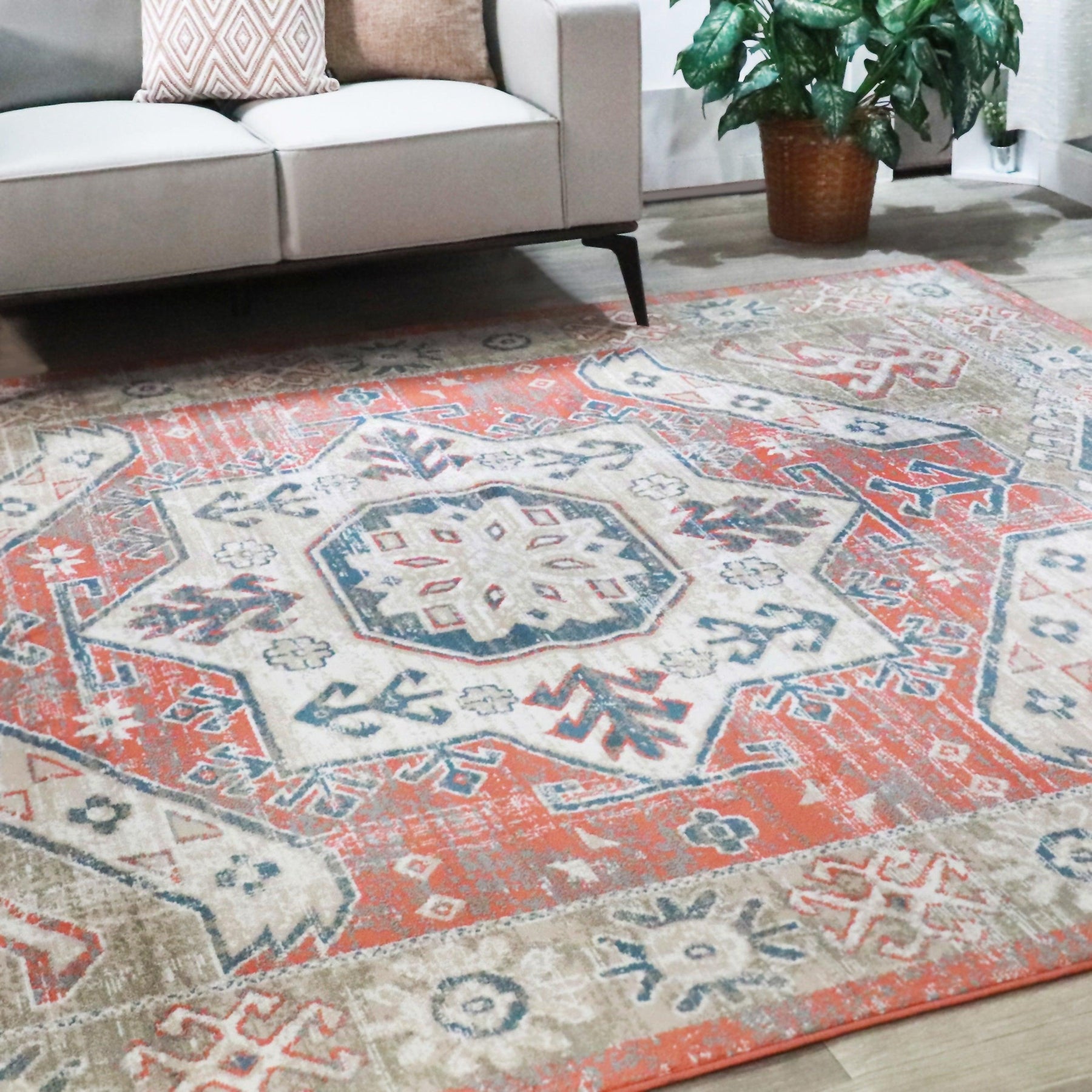 Rustic Distressed Geometric Design Indoor Area Rug