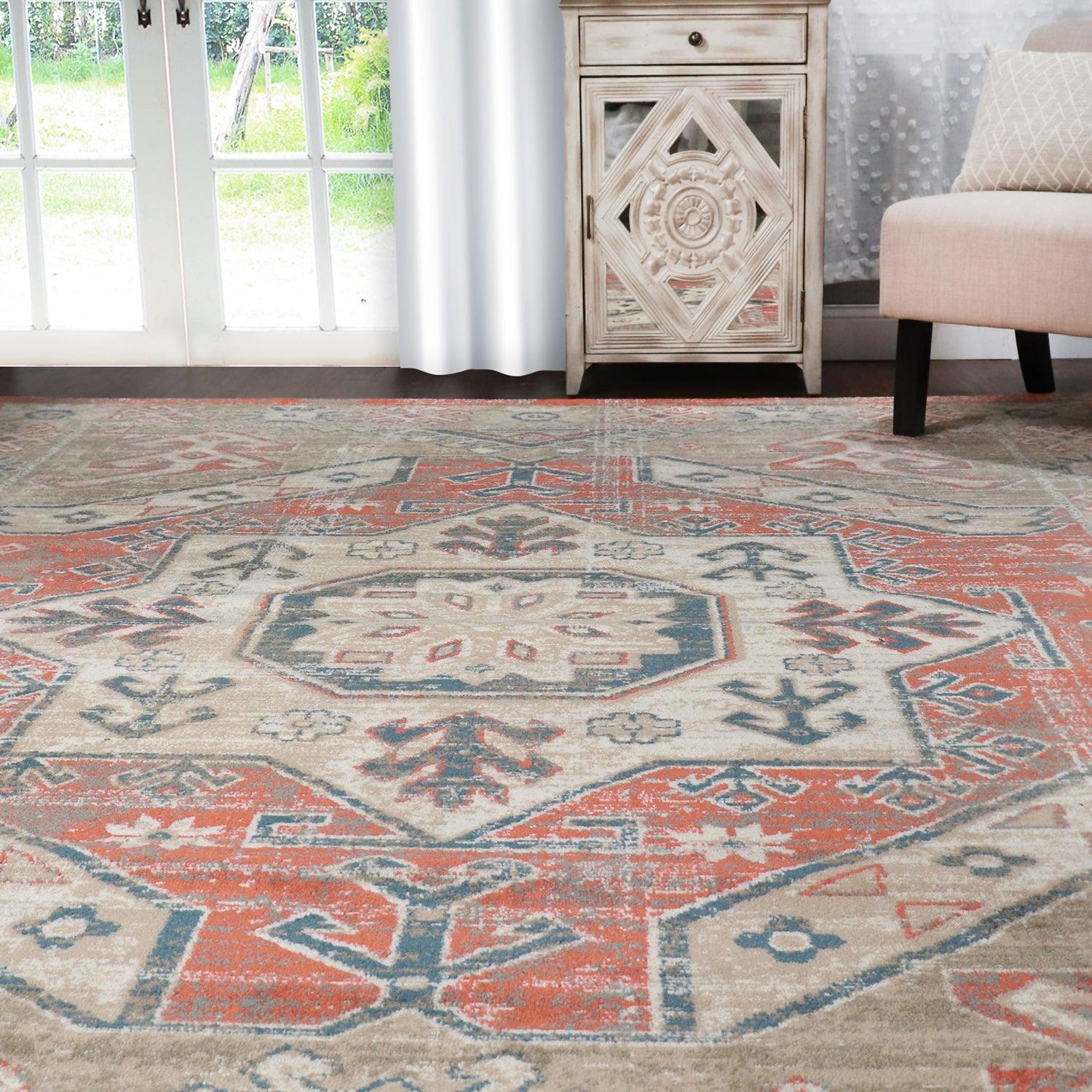 Rustic Distressed Geometric Design Indoor Area Rug