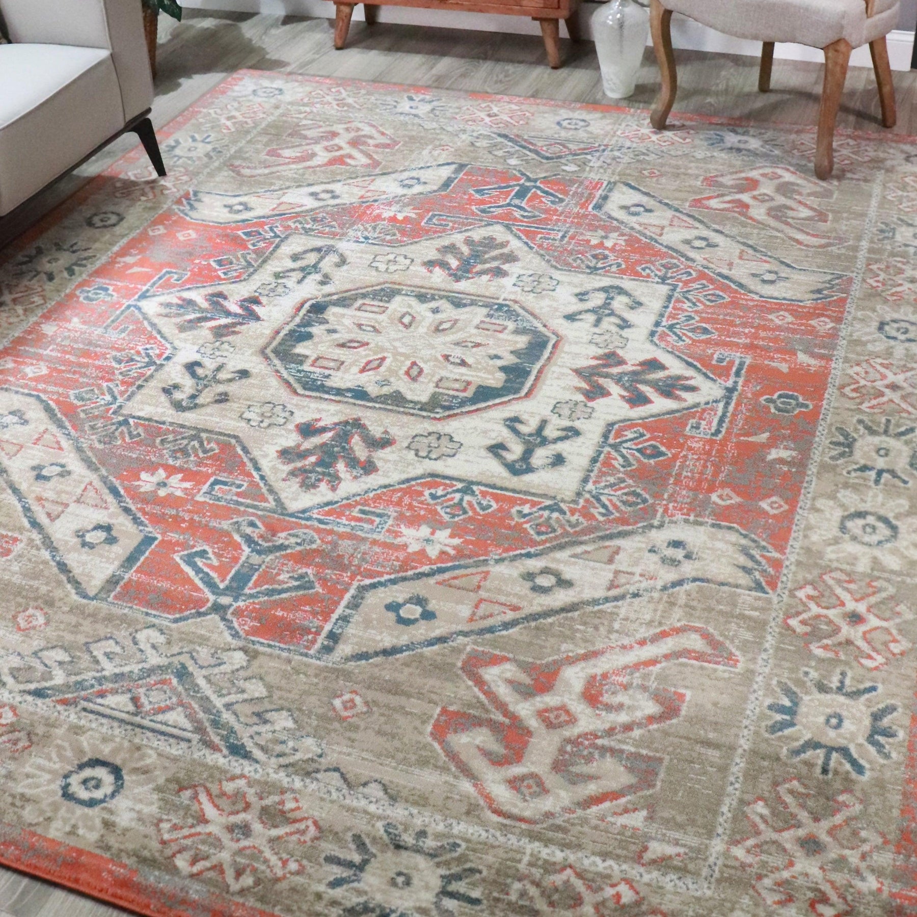Rustic Distressed Geometric Design Indoor Area Rug