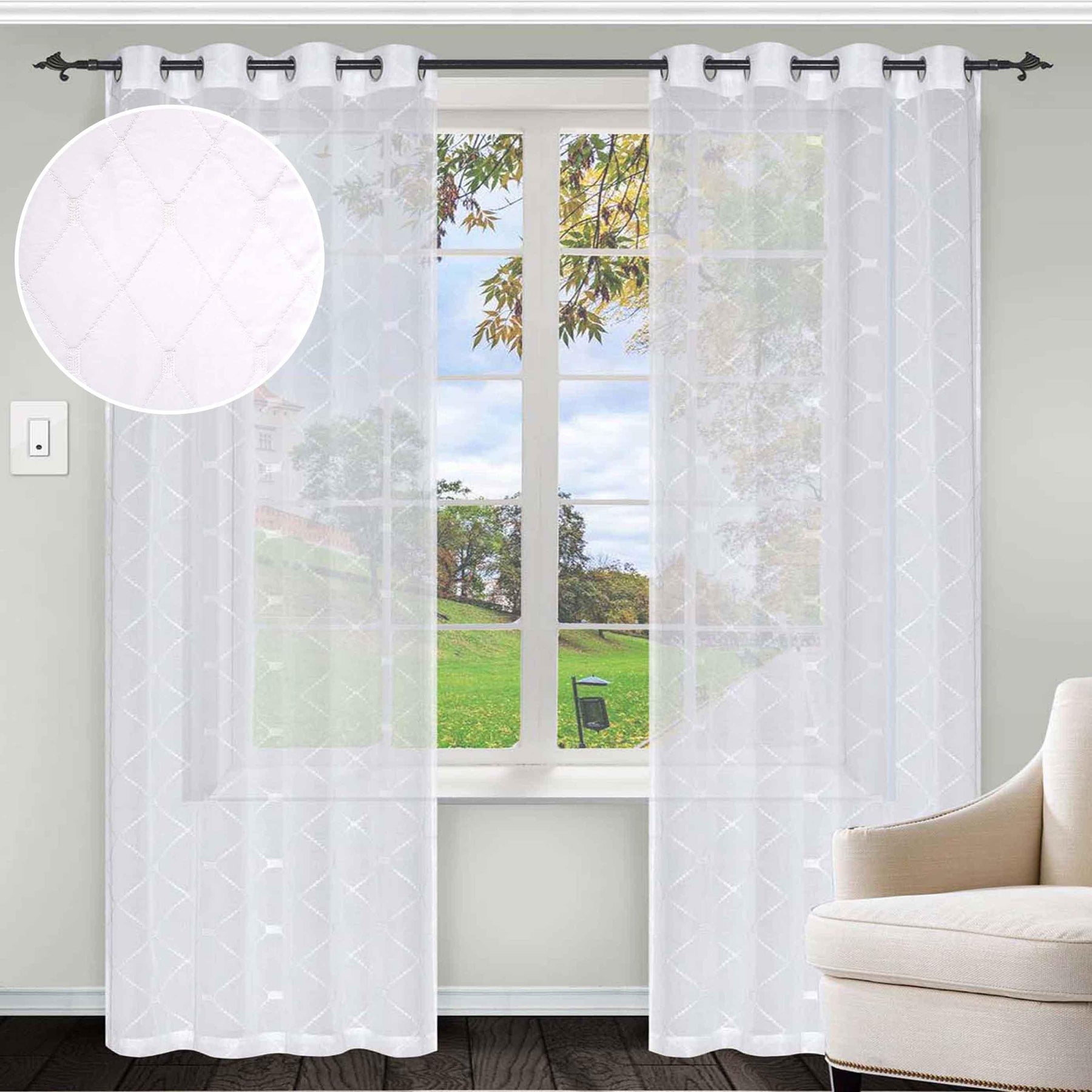 Sheer Modern Diamond Lattice Grommet Curtain Panels Set of 2