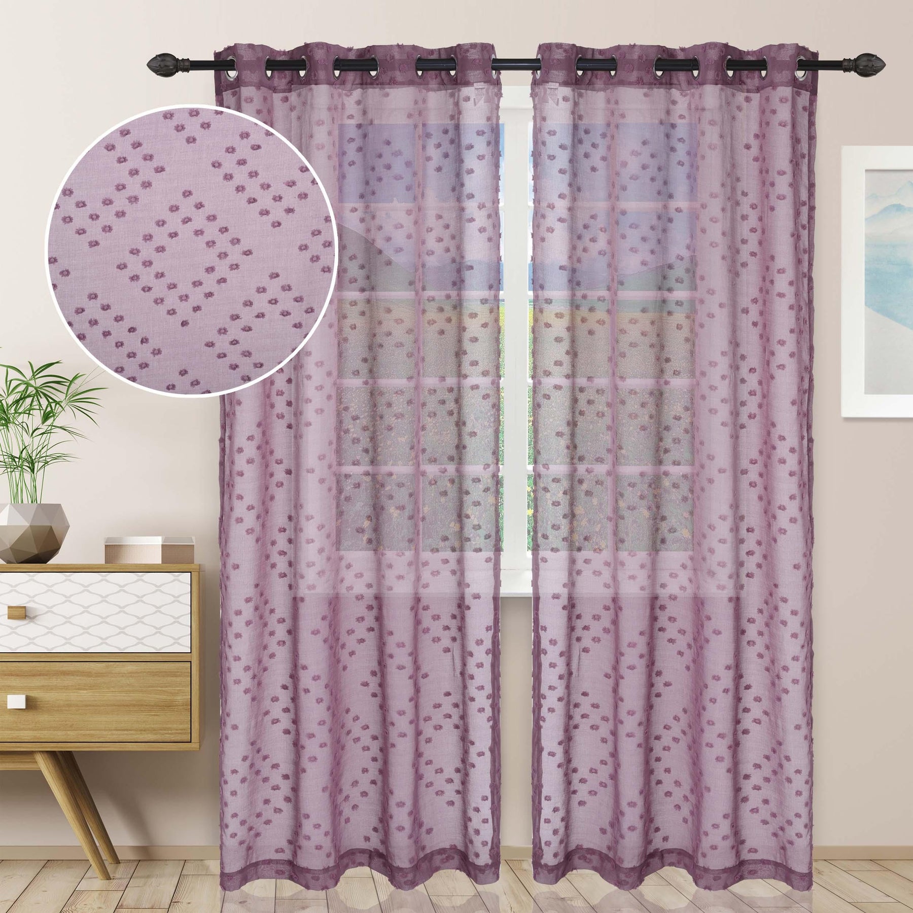 Sheer Poppy Floral Modern Textured Grommet Curtain Panels Set of 2