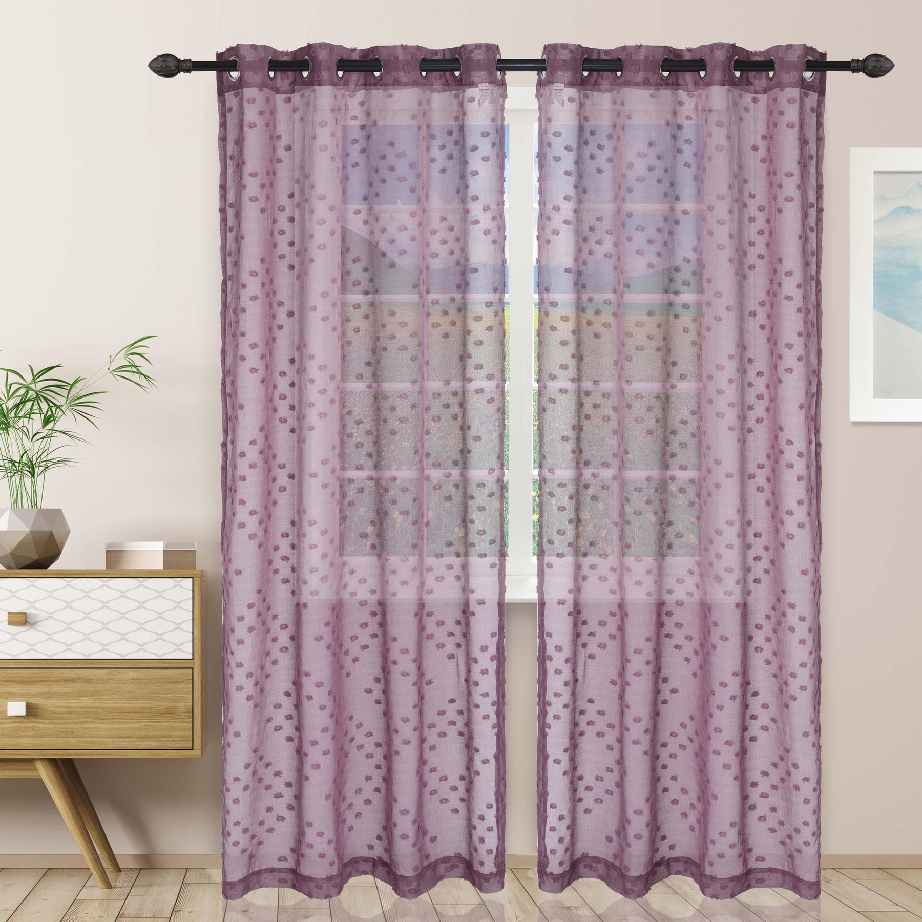 Sheer Poppy Floral Modern Textured Grommet Curtain Panels Set of 2