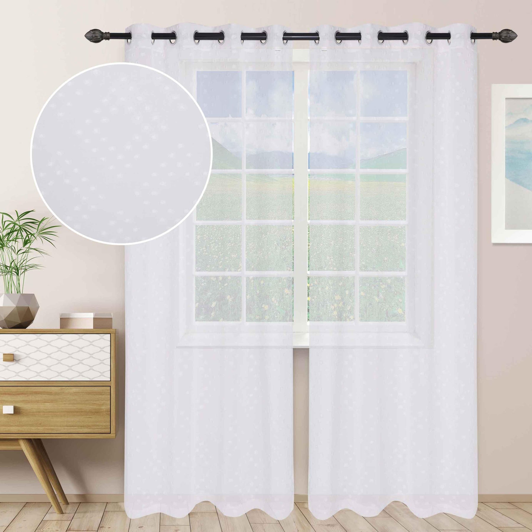 Sheer Poppy Floral Modern Textured Grommet Curtain Panels Set of 2