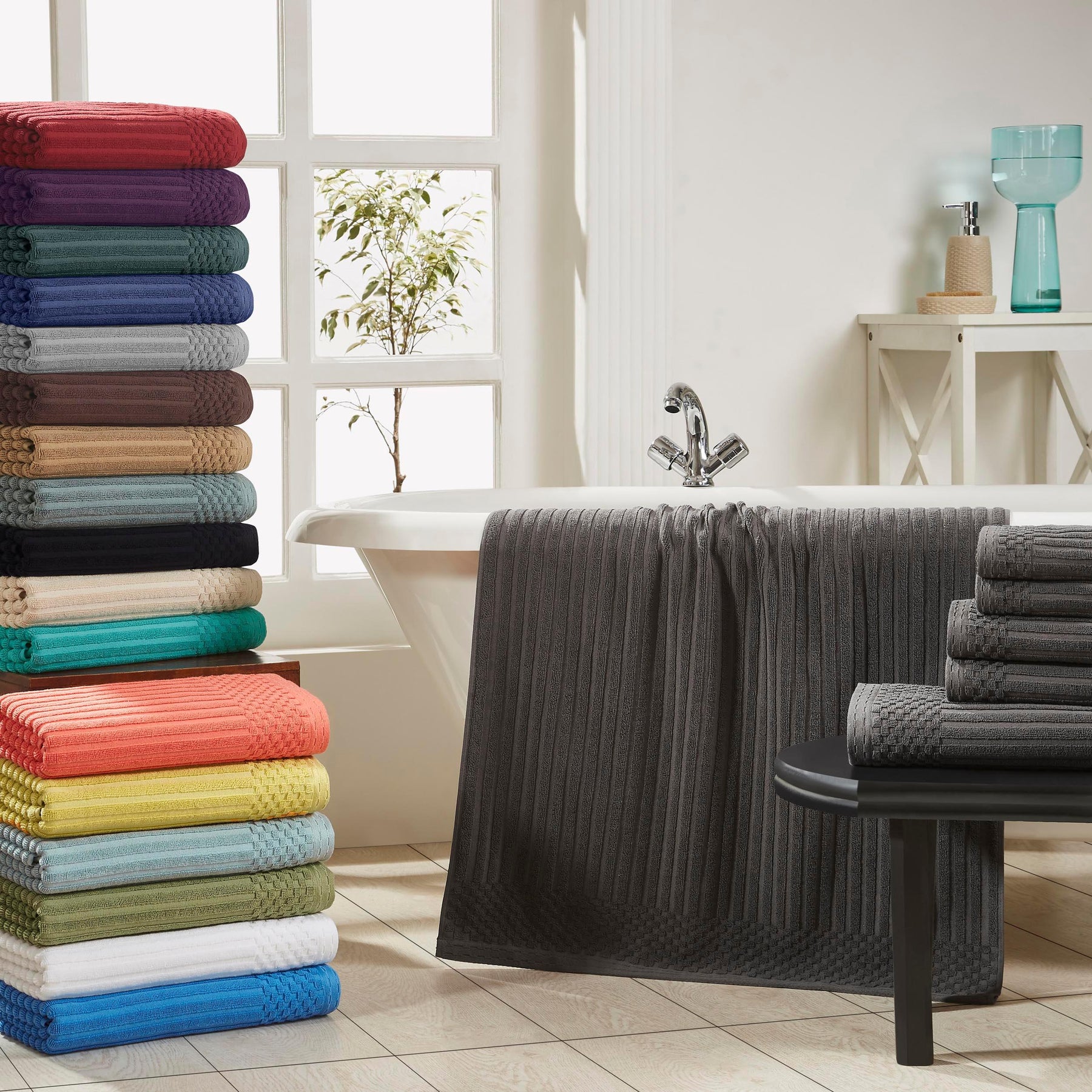Soho Cotton Ribbed Textured Absorbent Hand and Bath Towel Set