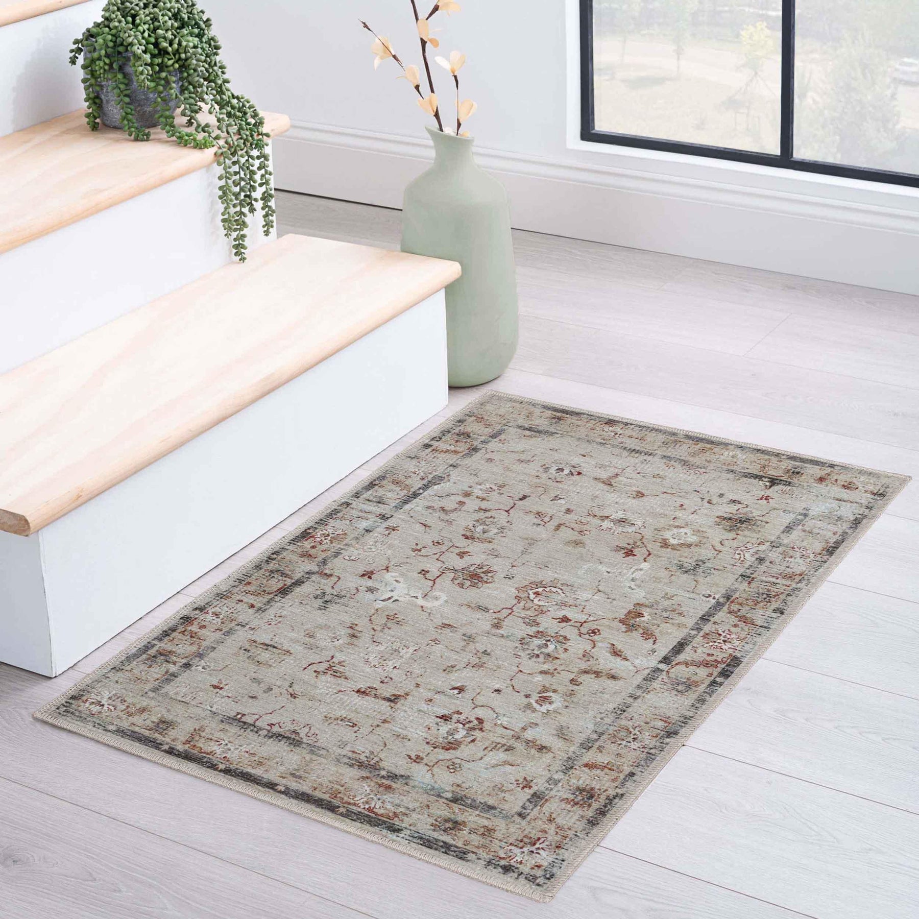 Swan Floral Scroll Non-Slip Washable Indoor Area Rug or Runner Rug