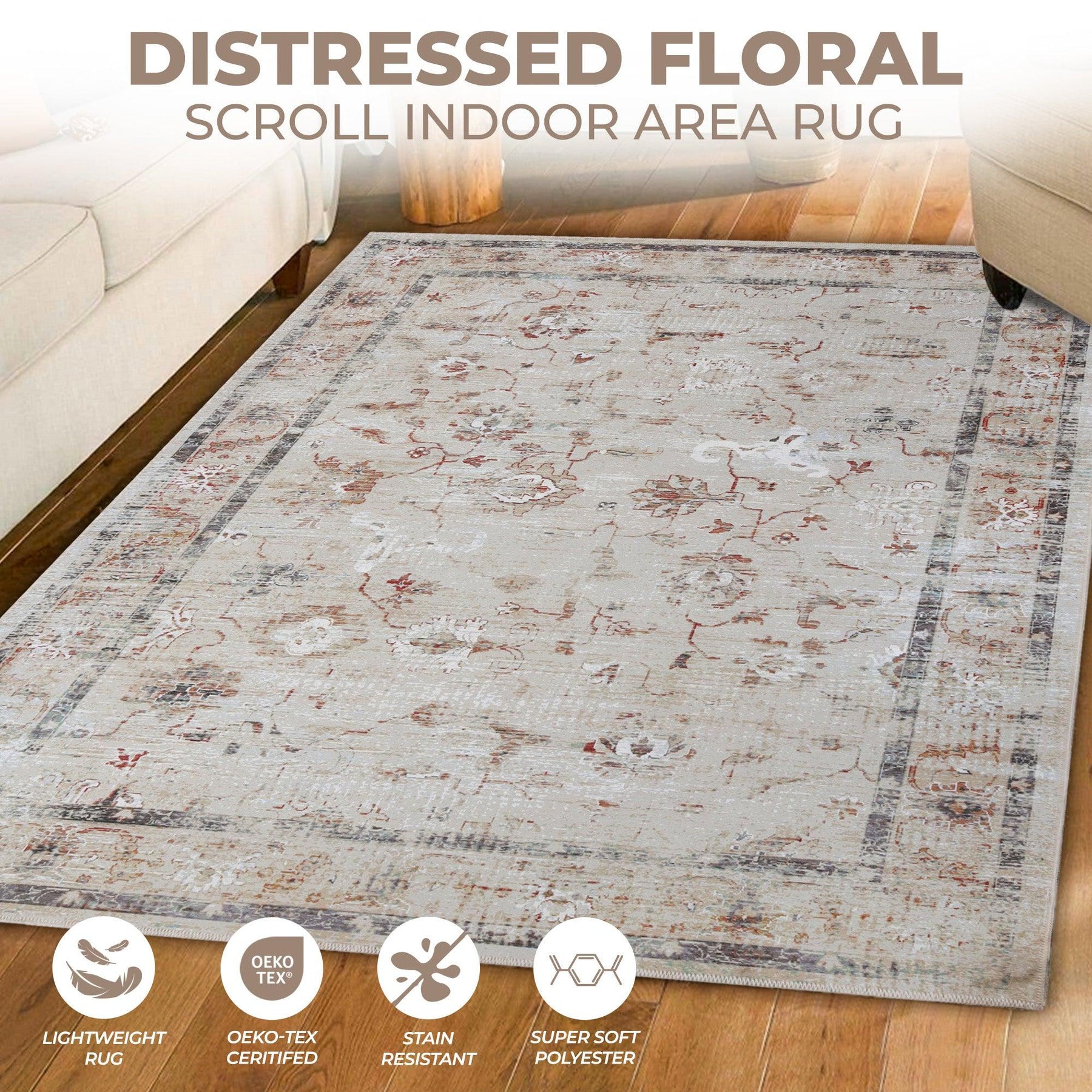Swan Floral Scroll Non-Slip Washable Indoor Area Rug or Runner Rug
