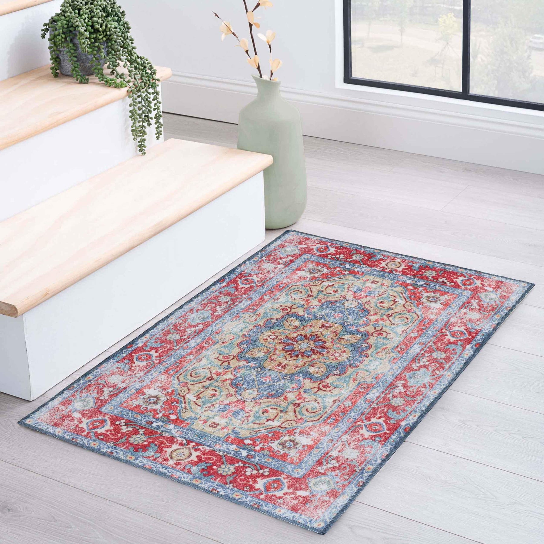 Tanager Rustic Medallion Non-Slip Washable Indoor Area Rug