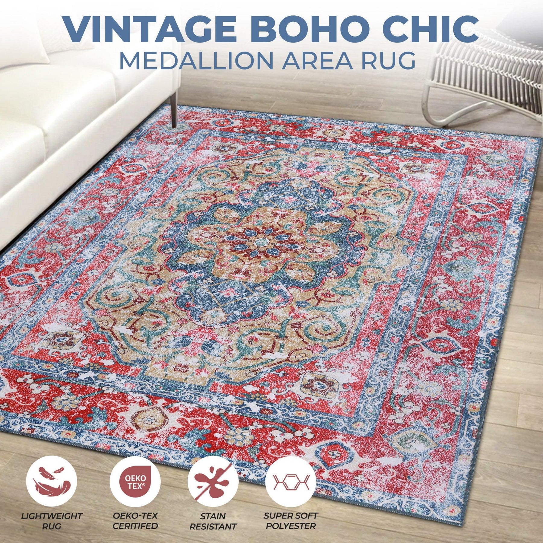 Tanager Rustic Medallion Non-Slip Washable Indoor Area Rug