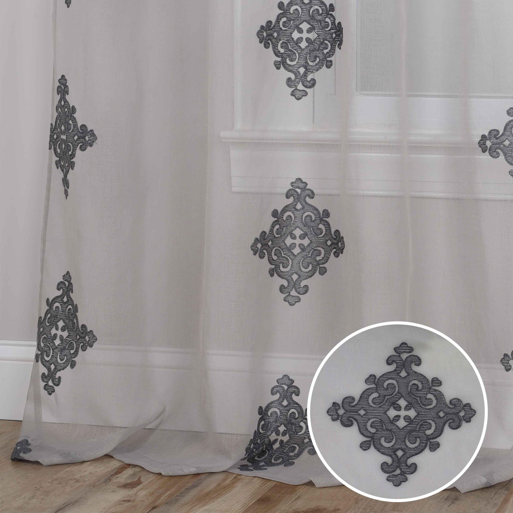 Traditional Embroidered Damask Sheer Grommet Curtain Panel Set