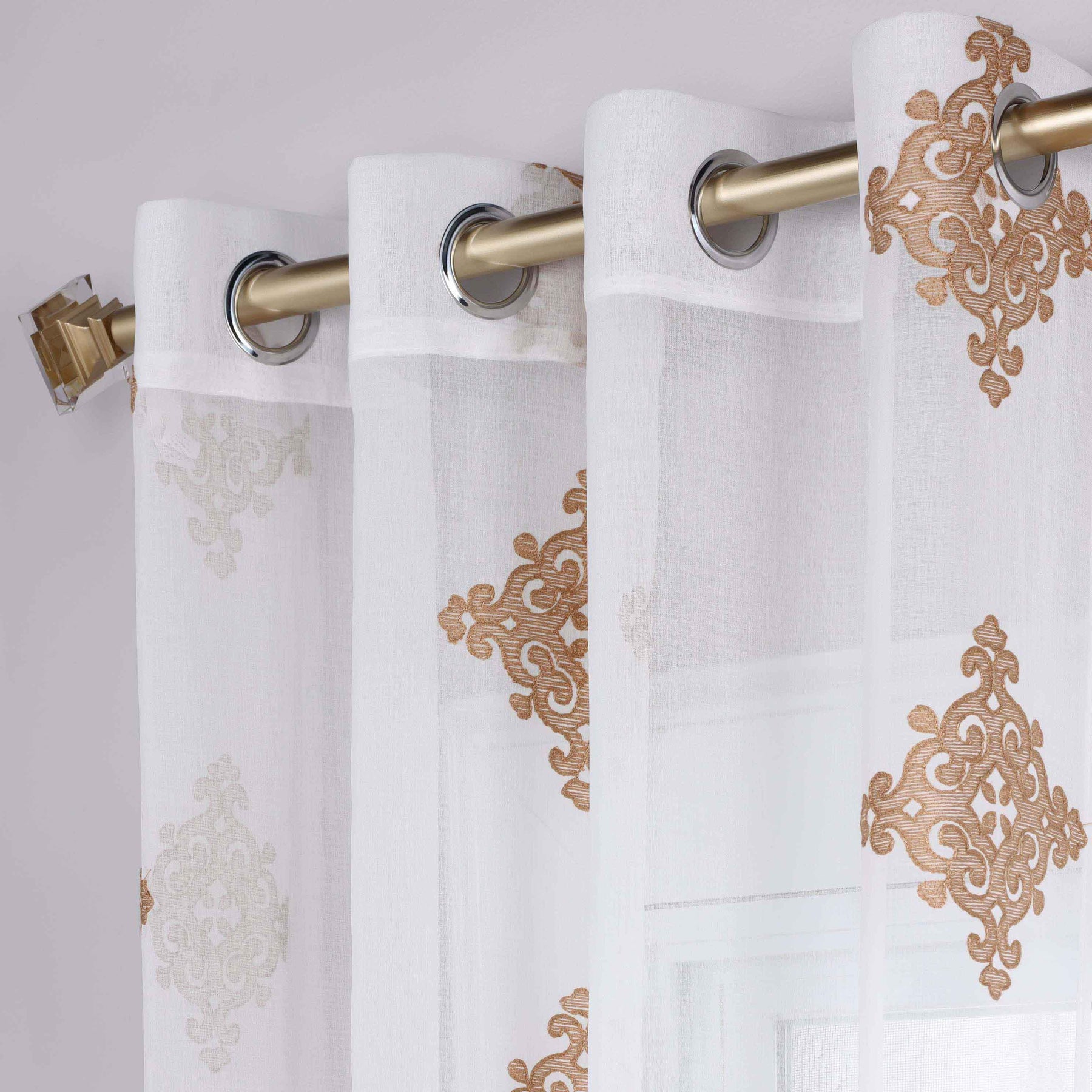 Traditional Embroidered Damask Sheer Grommet Curtain Panel Set