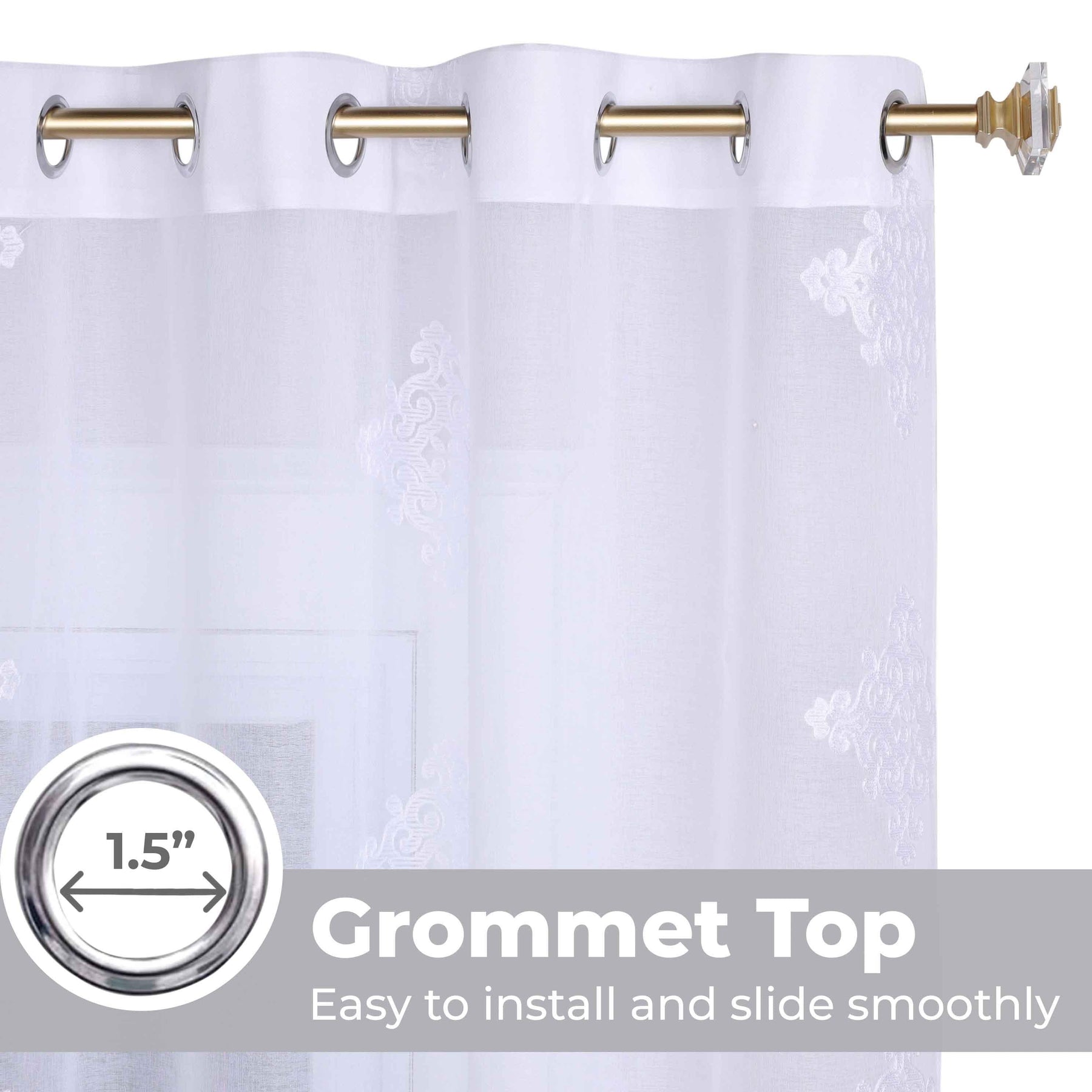 Traditional Embroidered Damask Sheer Grommet Curtain Panel Set