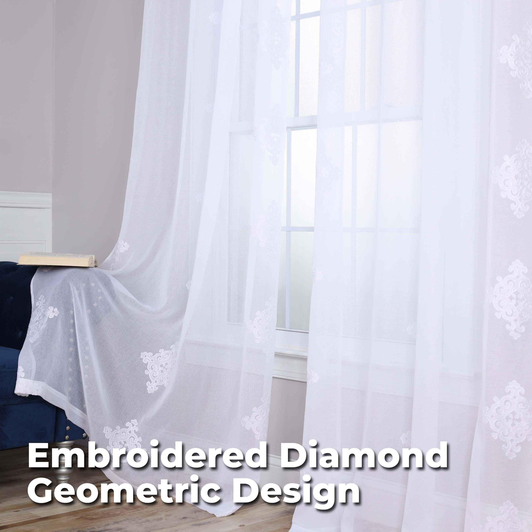 Traditional Embroidered Damask Sheer Grommet Curtain Panel Set