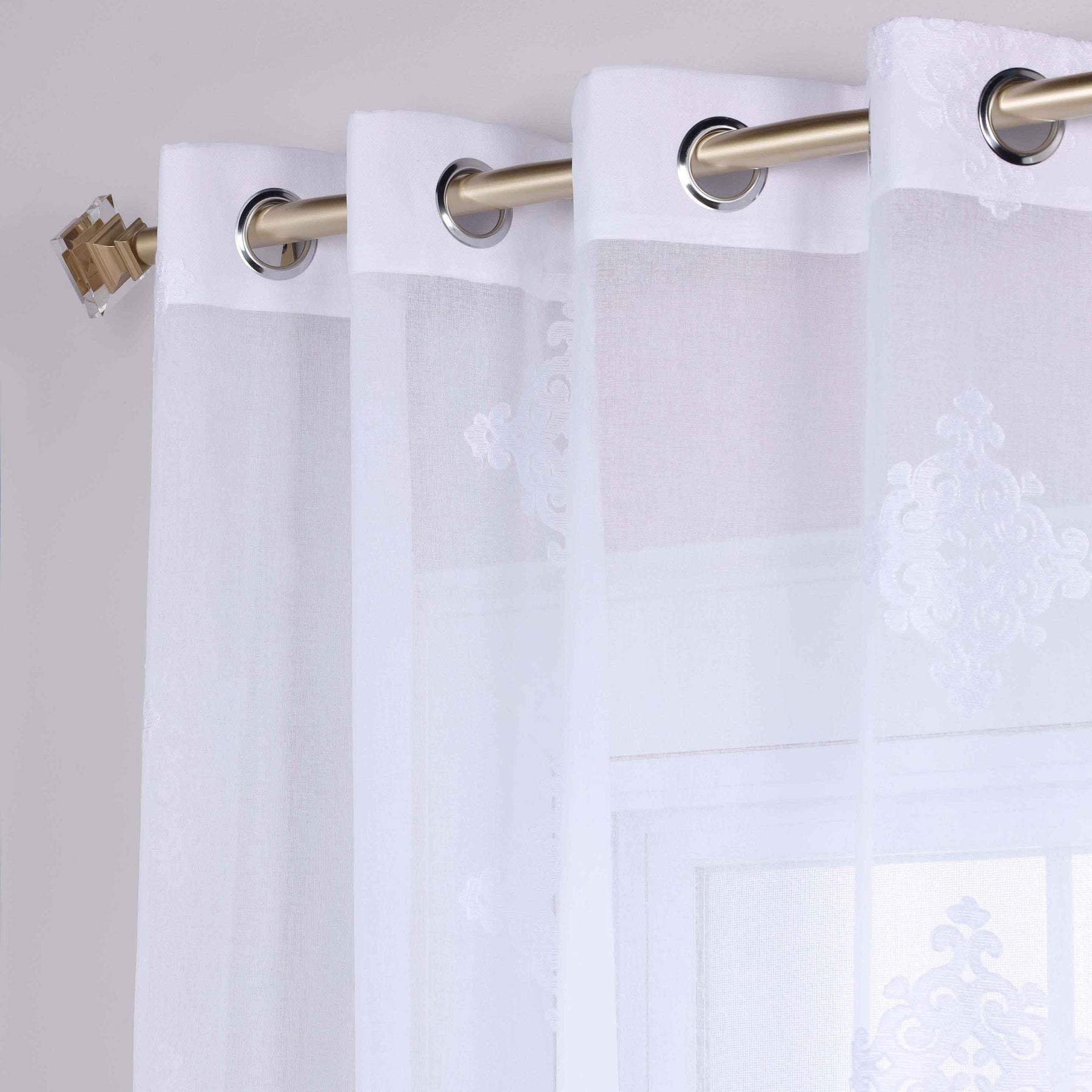 Traditional Embroidered Damask Sheer Grommet Curtain Panel Set